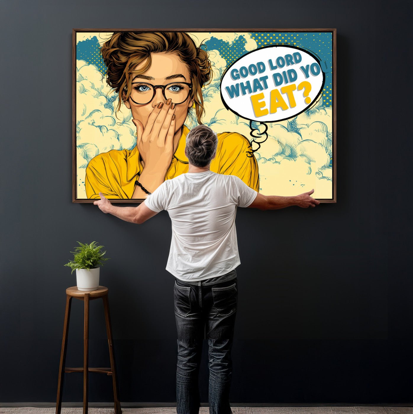 35819669-MGV-CV-36X24 - Pop Art Print Bathroom Sign Wall Art Canvas Print — Funny Bathroom Canvas | Comic Style Toilet Wall Decor | Humor Gift | Yellow Bold Bathroom Art