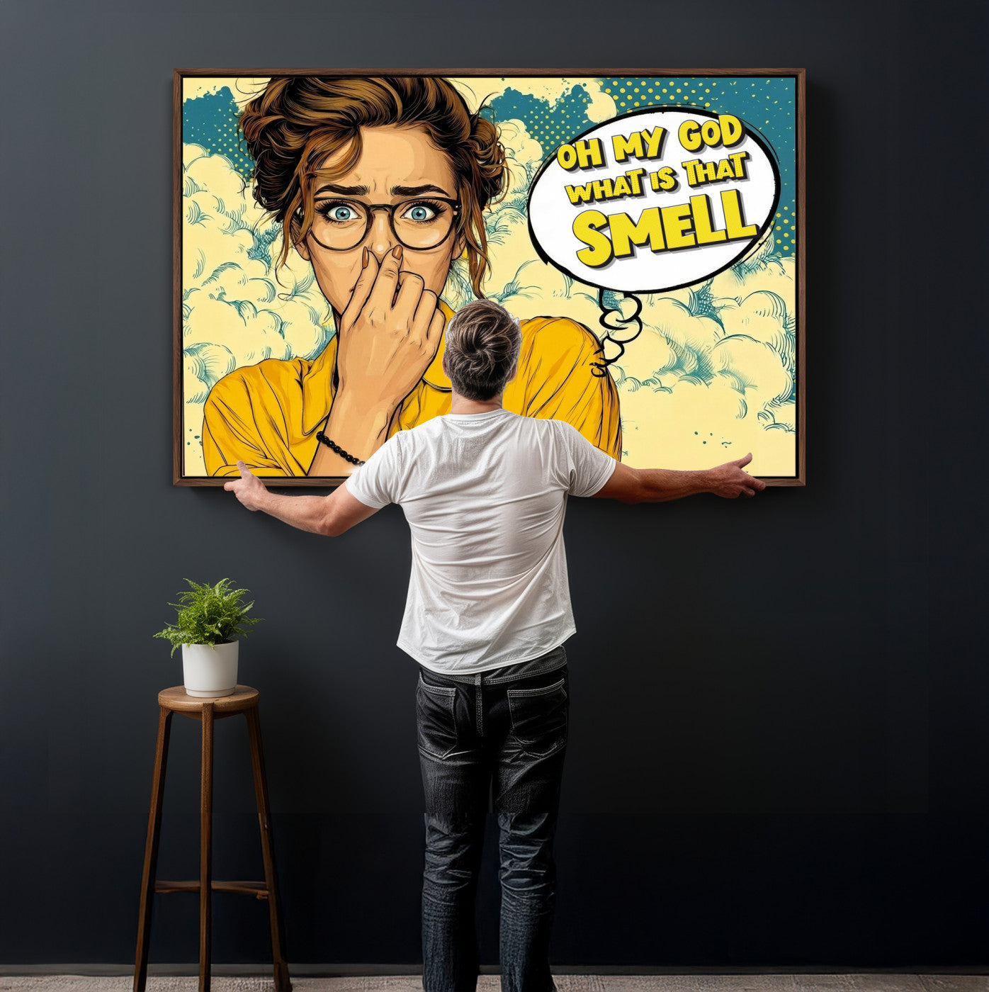 B79156505-MGV-CV-36X24 - Pop Art Print Bathroom Sign Wall Art Canvas Print — Funny Bathroom Canvas | Comic Style Toilet Wall Decor | Humor Gift | What is that Smell