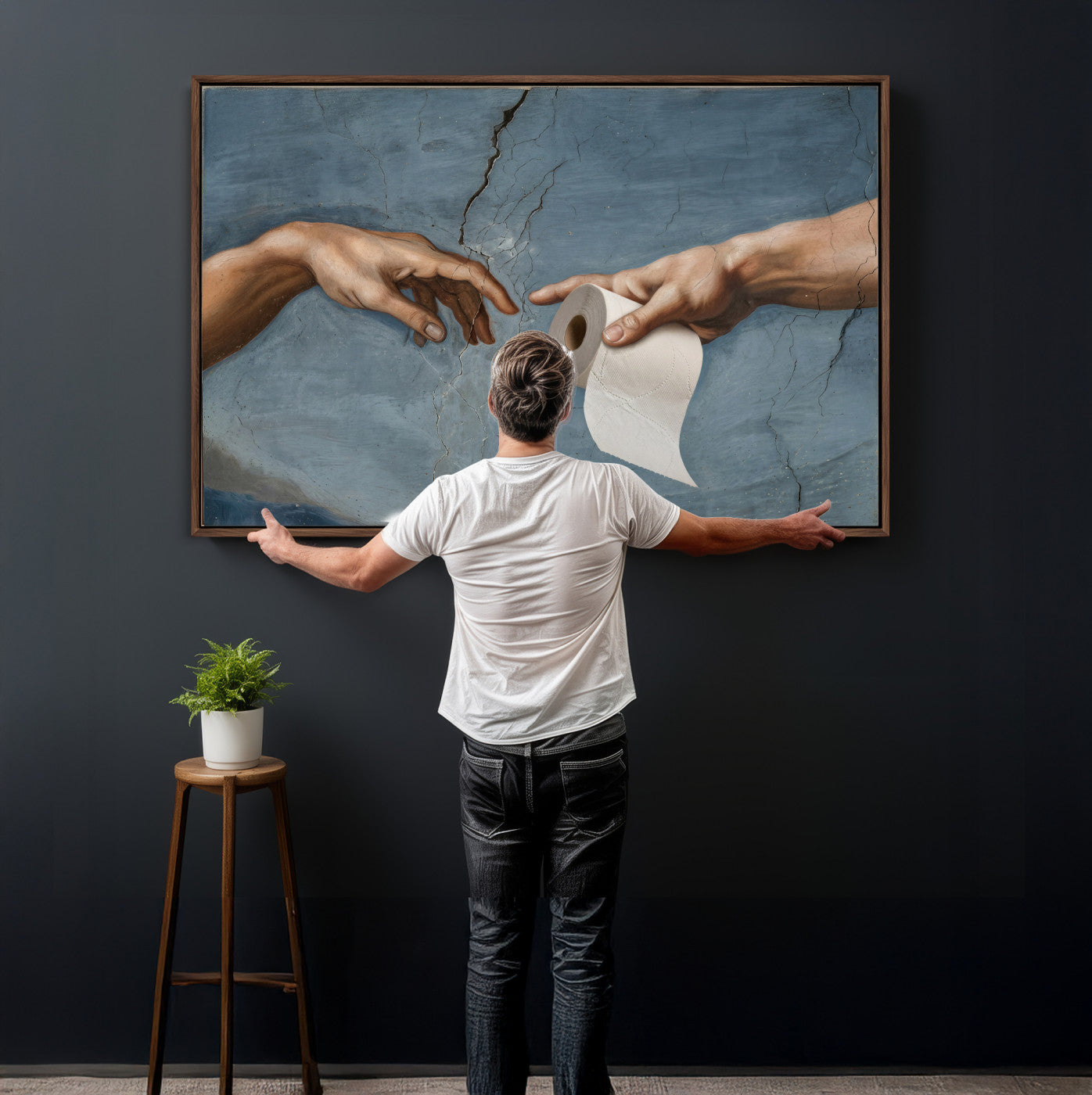 42648143-MGV-CV-36X24 - Funny Bathroom Canvas Wall Art, Michelangelo Creation of Adam Toilet Paper Parody, Renaissance Humor Print, Quirky Housewarming Gift, Toilet Room Decor