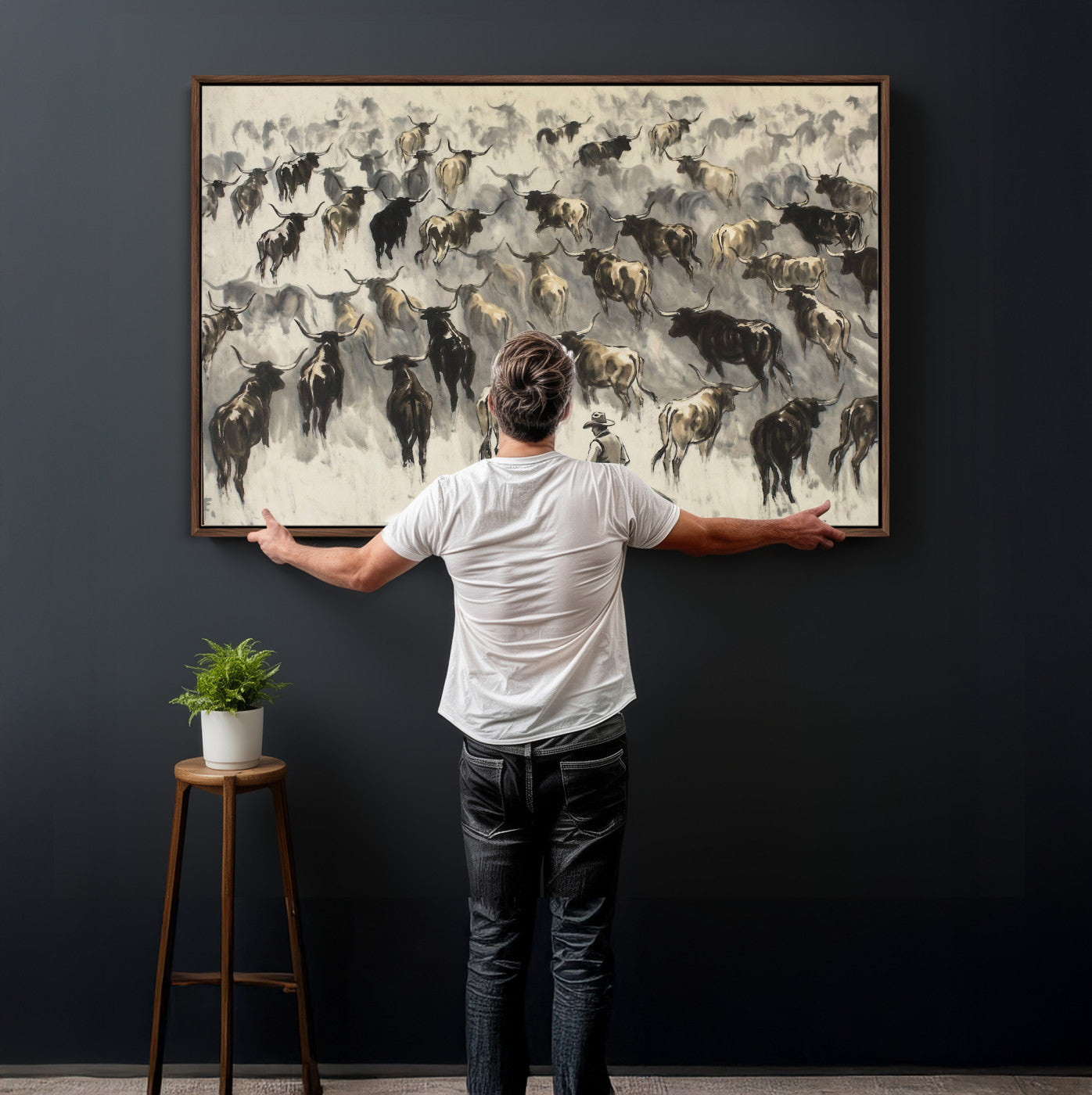 48049876-MGV-CV-36X24 - Cowboy Cattle Drive Canvas Wall Art, Western Longhorn Herd Ink Painting Print, Ranch Rodeo Decor, Black White Western Art, Large Living Room Art