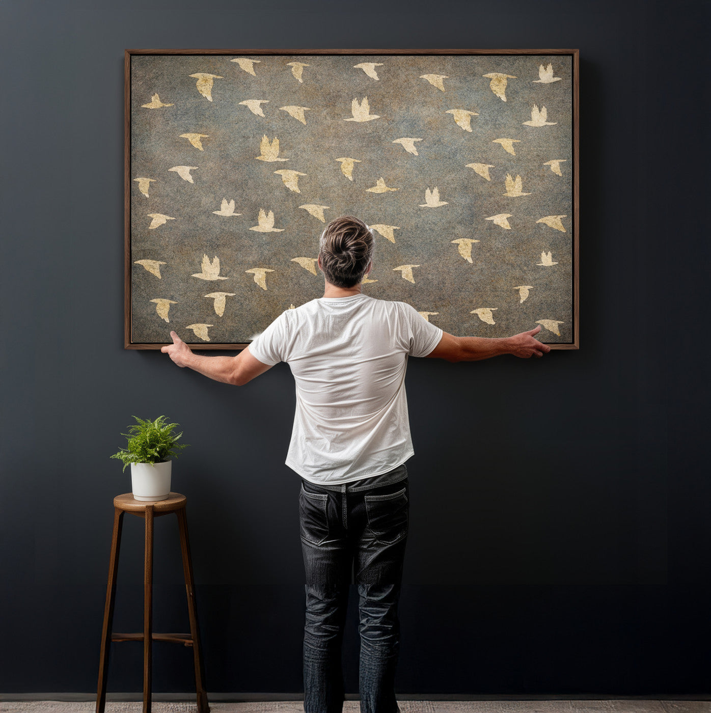 74076164-MGV-CV-36X24 - Flying Birds Canvas Wall Art, Vintage Bird Flock Pattern Print, Grey Gold Abstract Nature Decor, Rustic Bird Silhouette Art, Boho Living Room Decor