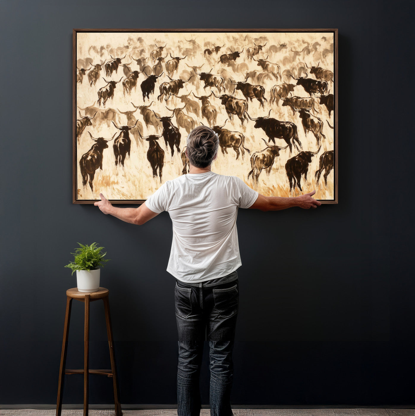 39077774-MGV-CV-36X24 - Texas Longhorn Sepia Canvas Wall Art, Western Cattle Stampede Painting Print, Warm Amber Ranch Decor, Rustic Cowboy Home Art, Large Living Room Decor