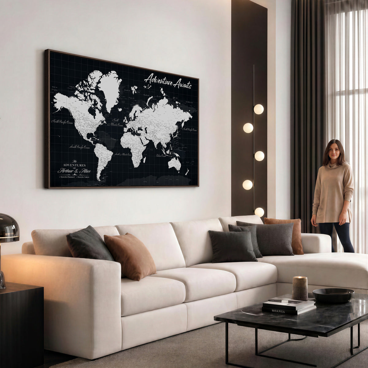 19855445B-MGV-CV-36X24 - Personalized Black Push Pin Travel Map Canvas Print, Couples Countries Visited Map, Entryway and Hallway Decor