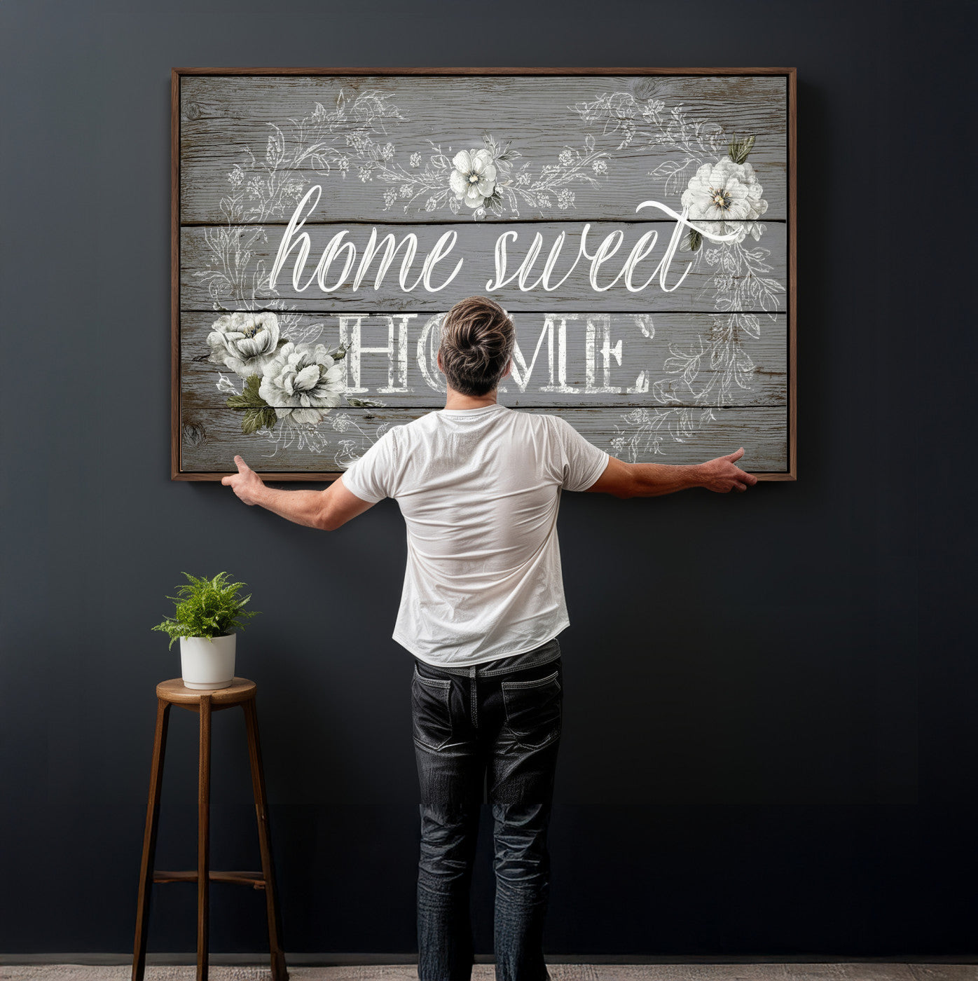 42160089-MGV-CV-36X24 - Home Sweet Home Sign Wall Art Canvas Print, Floral Farmhouse Sign, Rustic Neutral Entryway Bedroom Living Room Decor