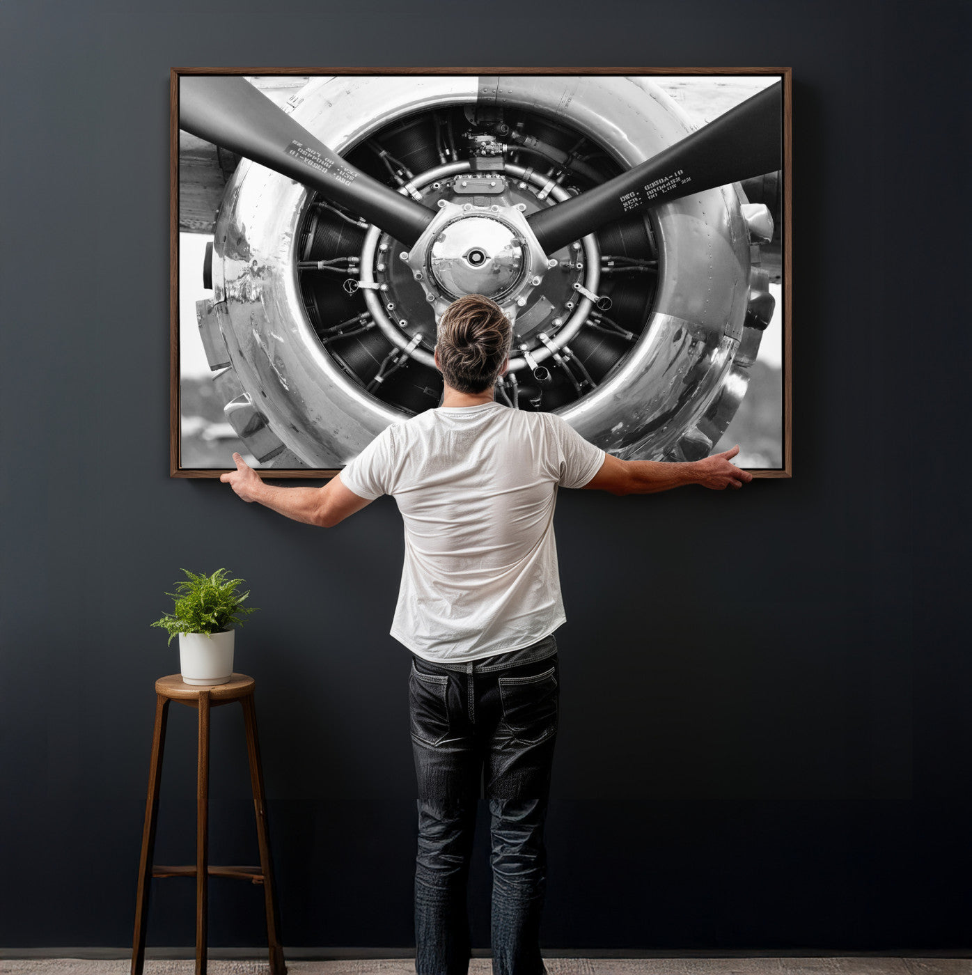 73322230-MGV-CV-36X24 - Vintage Propeller Plane Wall Art Canvas Print, Black and White Airplane Engine Close Up Framed Aviation Artwork for Pilot Office Hangar Decor