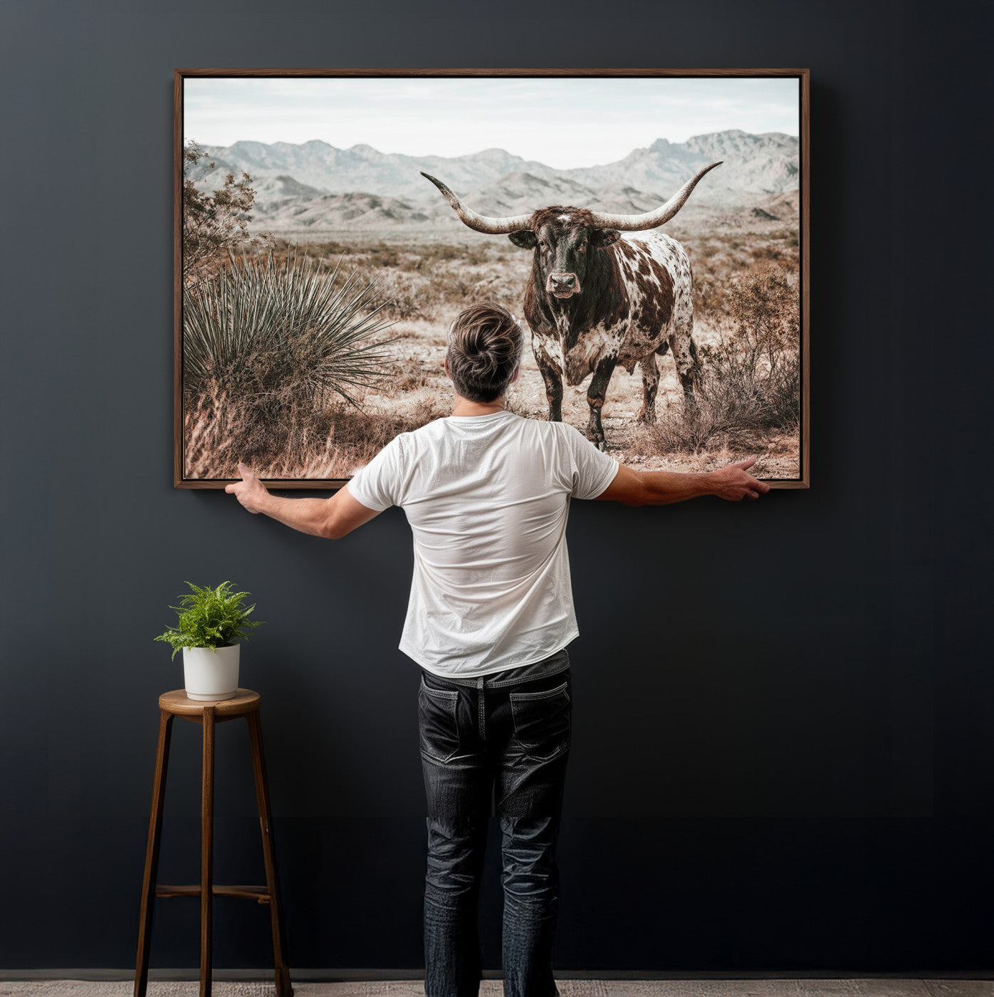 17622011H-MGV-CV-36X24 - Texas Longhorn Bull Wall Art Canvas Print, Western Farmhouse Cowboy Decor, Rustic Texas Ranch Cattle Artwork for Living Room Bedroom Office, Framed Wall Decor