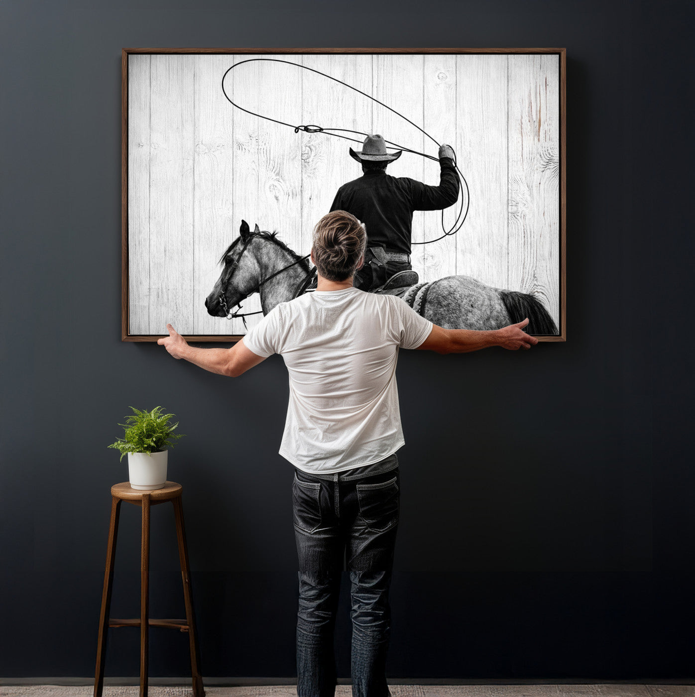 22569358-MGV-CV-36X24 - Cowboy Lasso Canvas Wall Art, Black White Western Horse Photo Print, Rustic Ranch Rodeo Decor, Farmhouse Western Art, Cowboy Gift for Him
