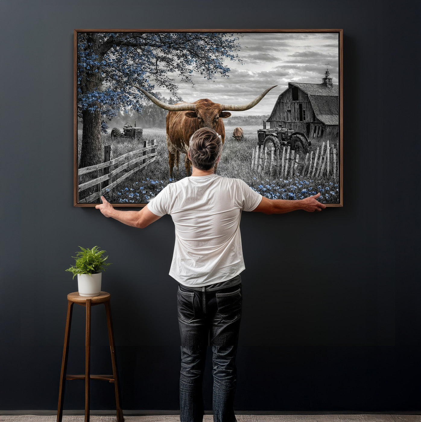 19366343-MGV-CV-36X24 - Texas Longhorn Canvas Wall Art, Rustic Farm Barn Bluebonnet Photography Print, Farmhouse Country Decor, Western Ranch Art, Old Truck Tractor Print