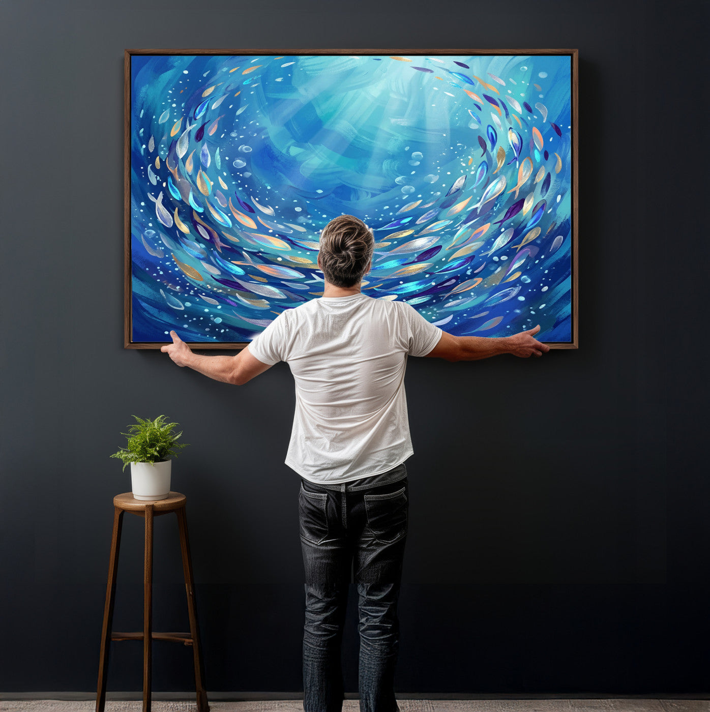 78699899-MGV-CV-36X24 - School of Fish Canvas Print | Blue Ocean Underwater Wall Art | Swirling Fish Shoal Illustration | Marine Navy Coastal Decor