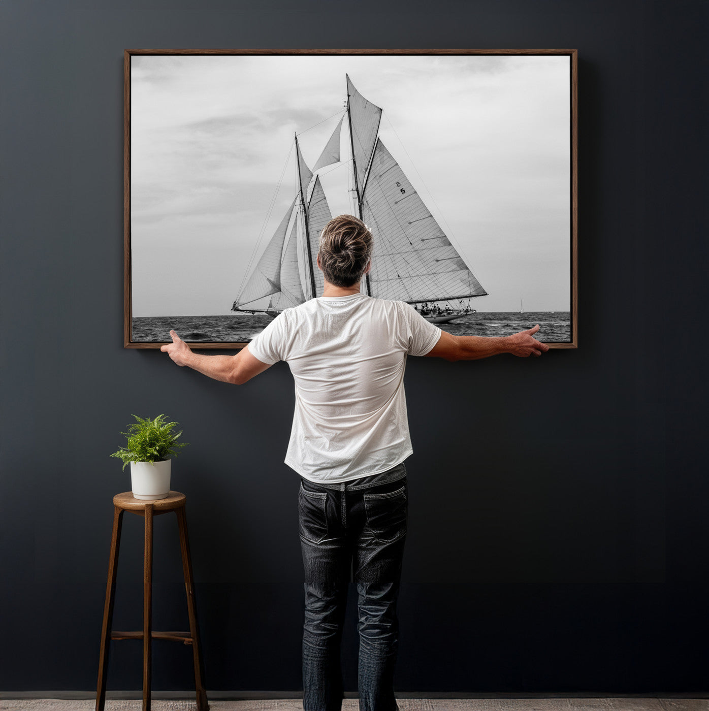 52882918-MGV-CV-36X24 - Vintage Sailboat Wall Art Canvas Print, Black and White Schooner Framed Artwork, Nautical Ocean Sailing Decor for Living Room Office Beach House
