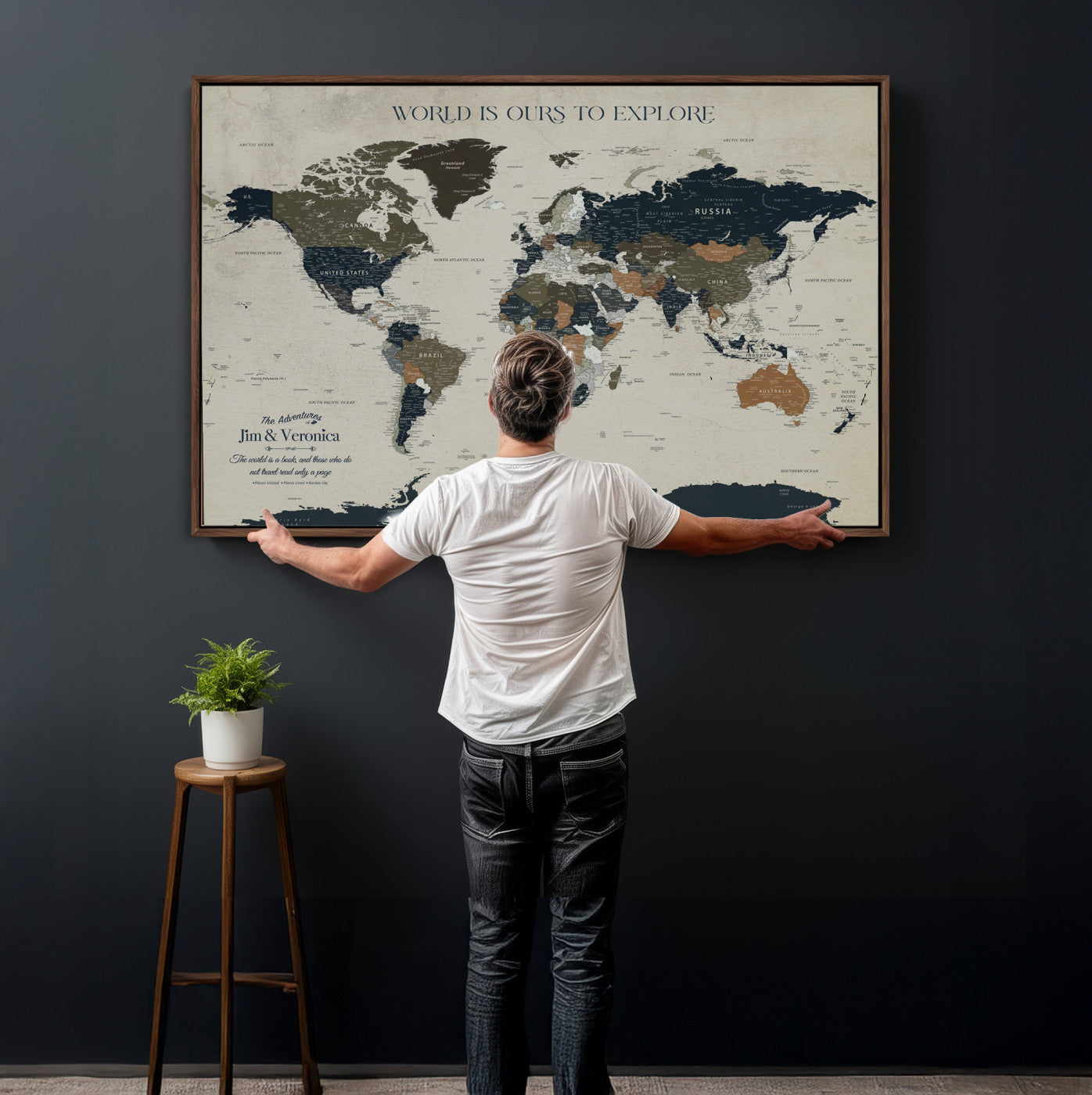 64110391126C-MGV-CV-36X24 - Custom Push Pin World Map Wall Art Canvas Print – Personalized Travel Tracker with Pins Framed Large for Home and Office Decor
