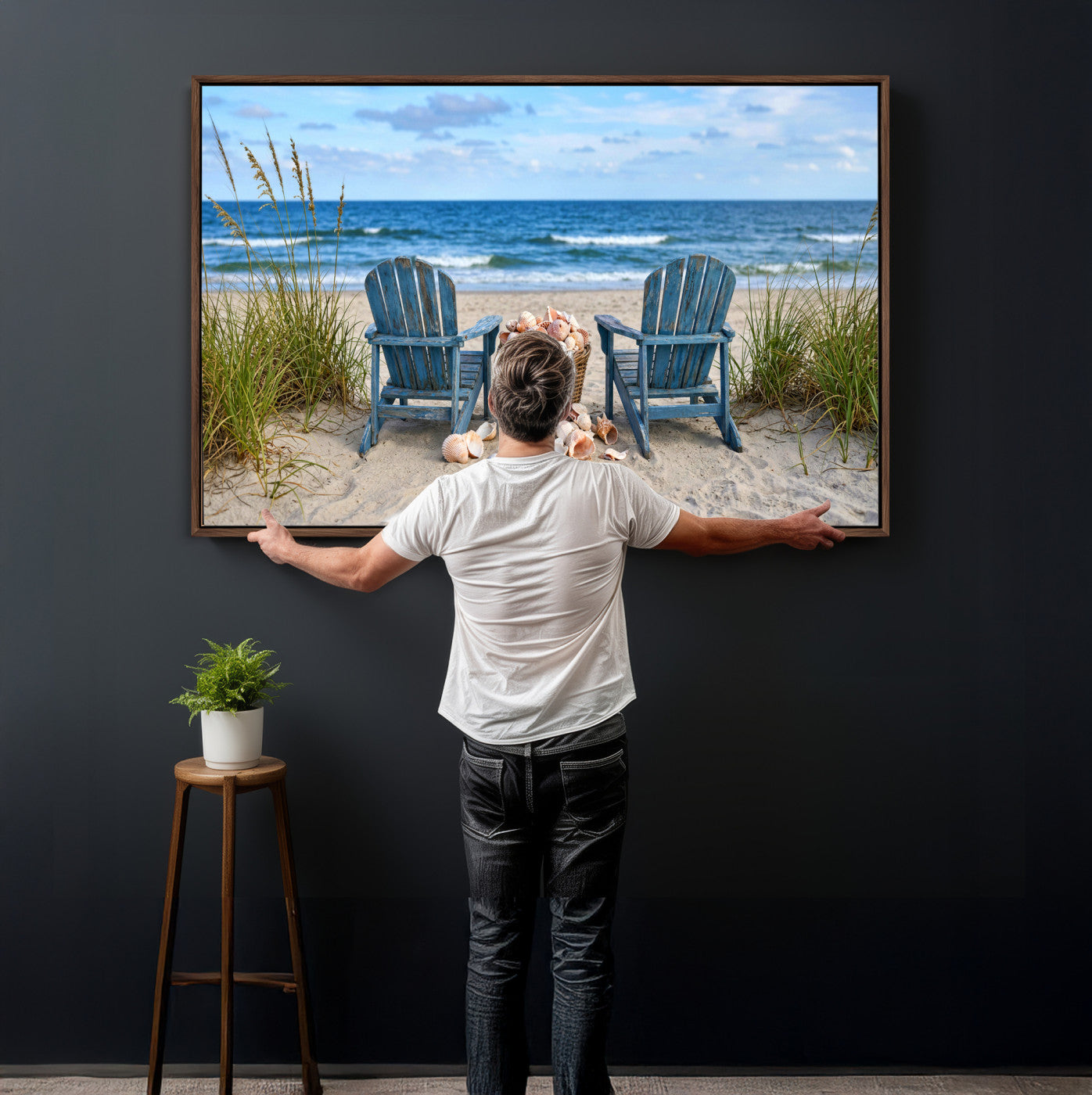 80268829-MGV-CV-36X24 - Large Beach Canvas Wall Art Coastal Adirondack Chairs Ocean Seashells Blue Nautical Framed Large for Living Room Bedroom Bathroom Decor