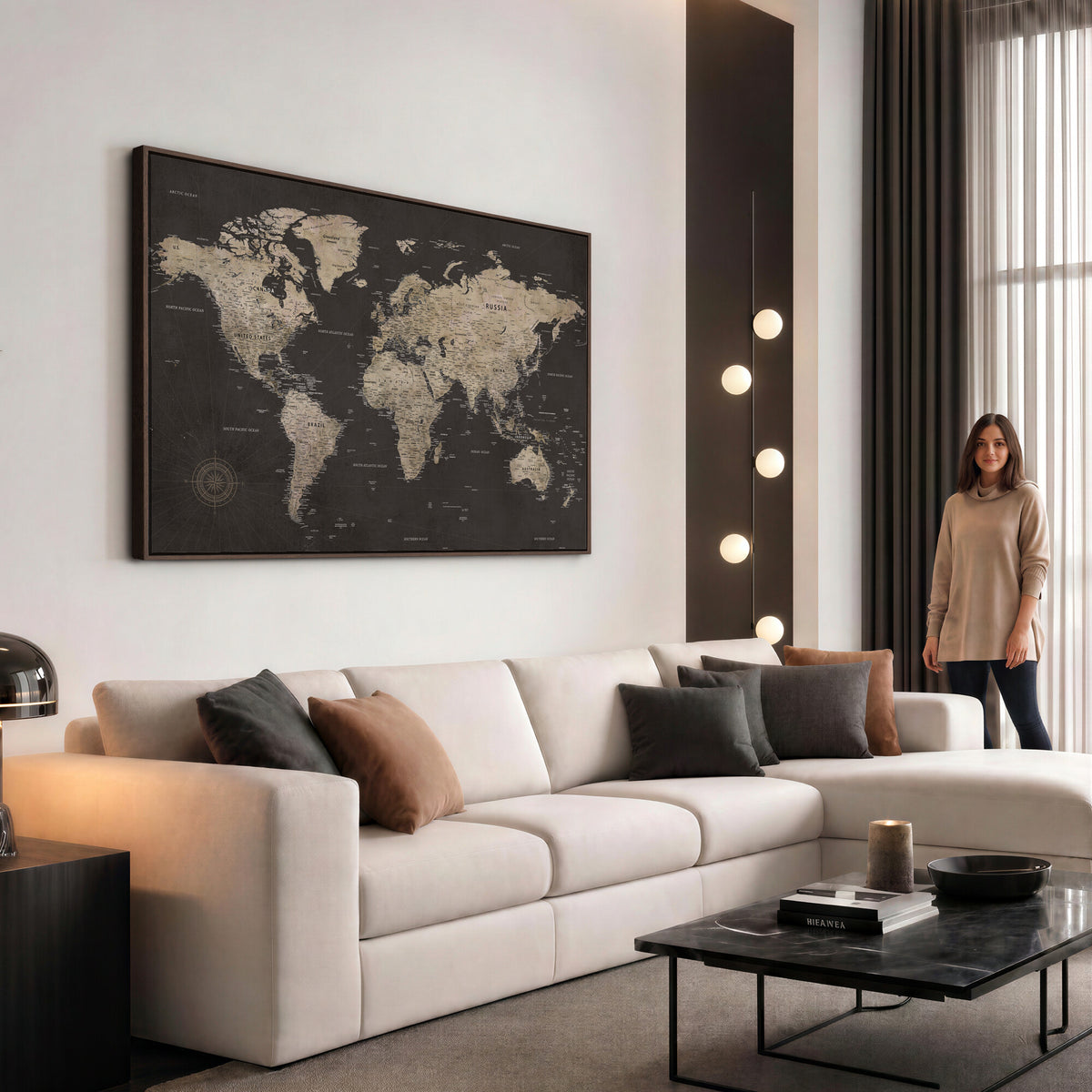 56556018136-MGV-CV-36X24 - World Map Canvas Wall Art, Dark Charcoal and Antique Tan Detailed Map