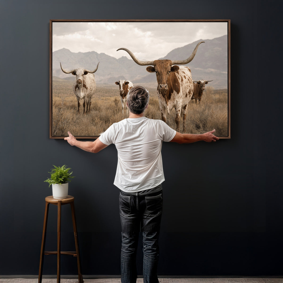 62336425AD-MGV-CV-36X24 - Rustic Texas Longhorn Cow Canvas Wall Art Print, Rustic Farm Animal Photography Print, Farmhouse Country Decor, Western Ranch Art