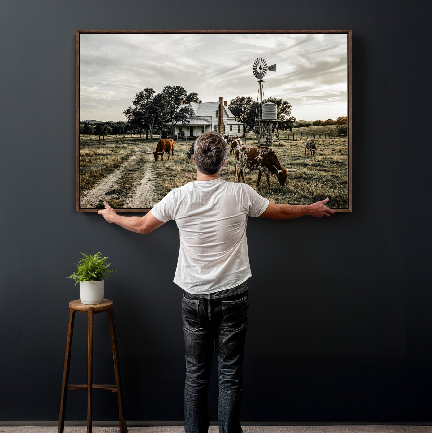 92429425-MGV-CV-36X24 - Texas Longhorn Ranch Wall Art Canvas Print, Rustic Western Farmhouse Decor, Country Landscape Canvas Wall Art, Vintage Cowboy Ranch Picture