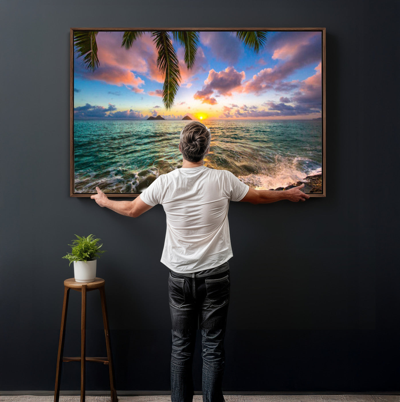 13207742-MGV-CV-36X24 - Hawaii Beach Sunset Canvas Wall Art Print, Tropical Ocean Landscape Artwork, Palm Tree Coastal Decor for Living Room Bedroom