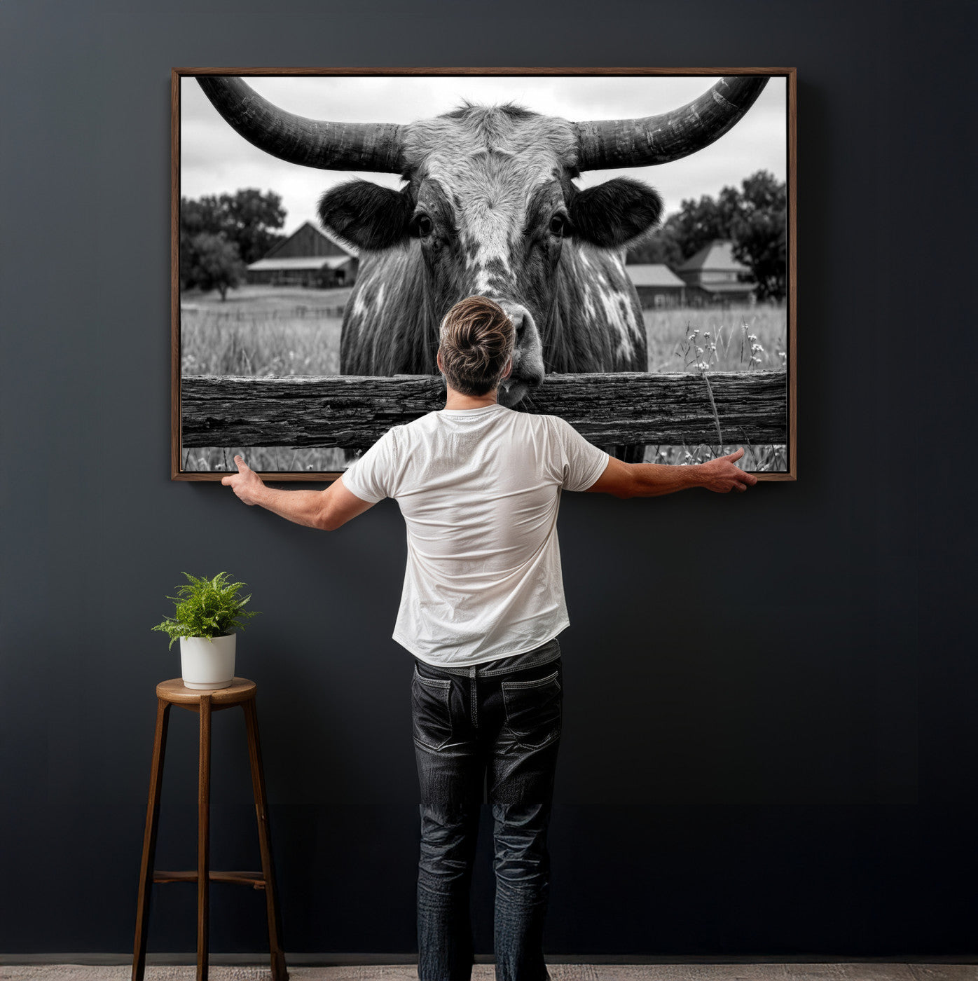 59378683B-MGV-CV-36X24 - Black White Texas Longhorn Bull Canvas Wall Art, Western Ranch Cattle Photography Print, Rustic Farmhouse Cowboy Decor Artwork