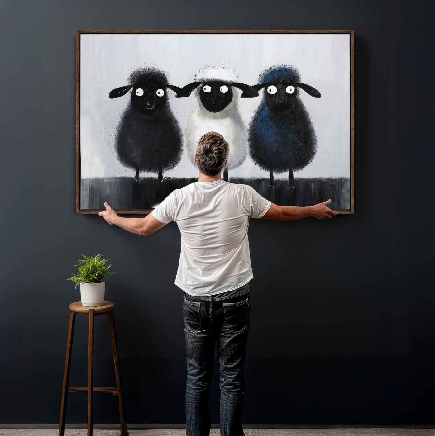 45650028-MGV-CV-36X24 - Funny Sheep Canvas Wall Art, Three Quirky Sheep Painting Print, Cute Animal Nursery Decor, Black White Navy Farmhouse Art, Kids Room Gift