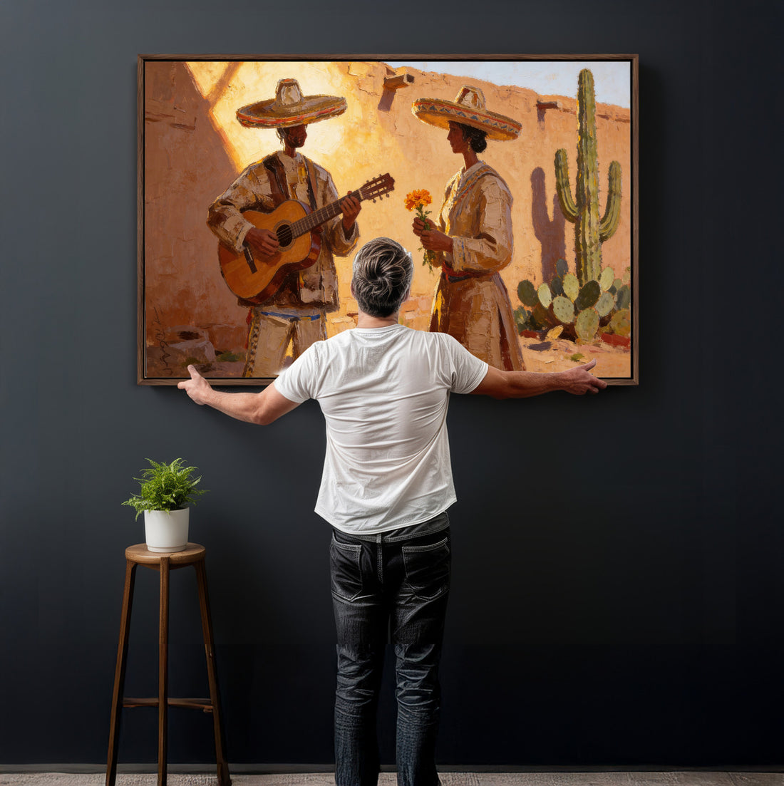 Mexican Couple Canvas Wall Art, Romantic Serenade Guitar Painting Print
