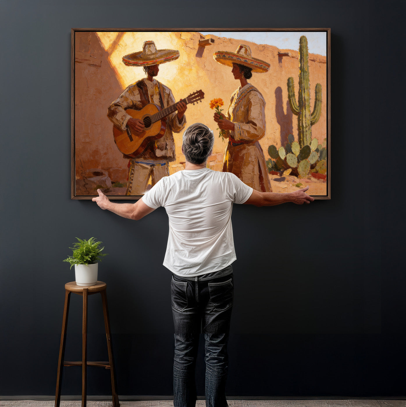 41849005-MGV-CV-36X24 - Mexican Couple Canvas Wall Art, Romantic Serenade Guitar Painting Print, Southwestern Desert Adobe Decor, Warm Golden Folk Art, Living Room Art