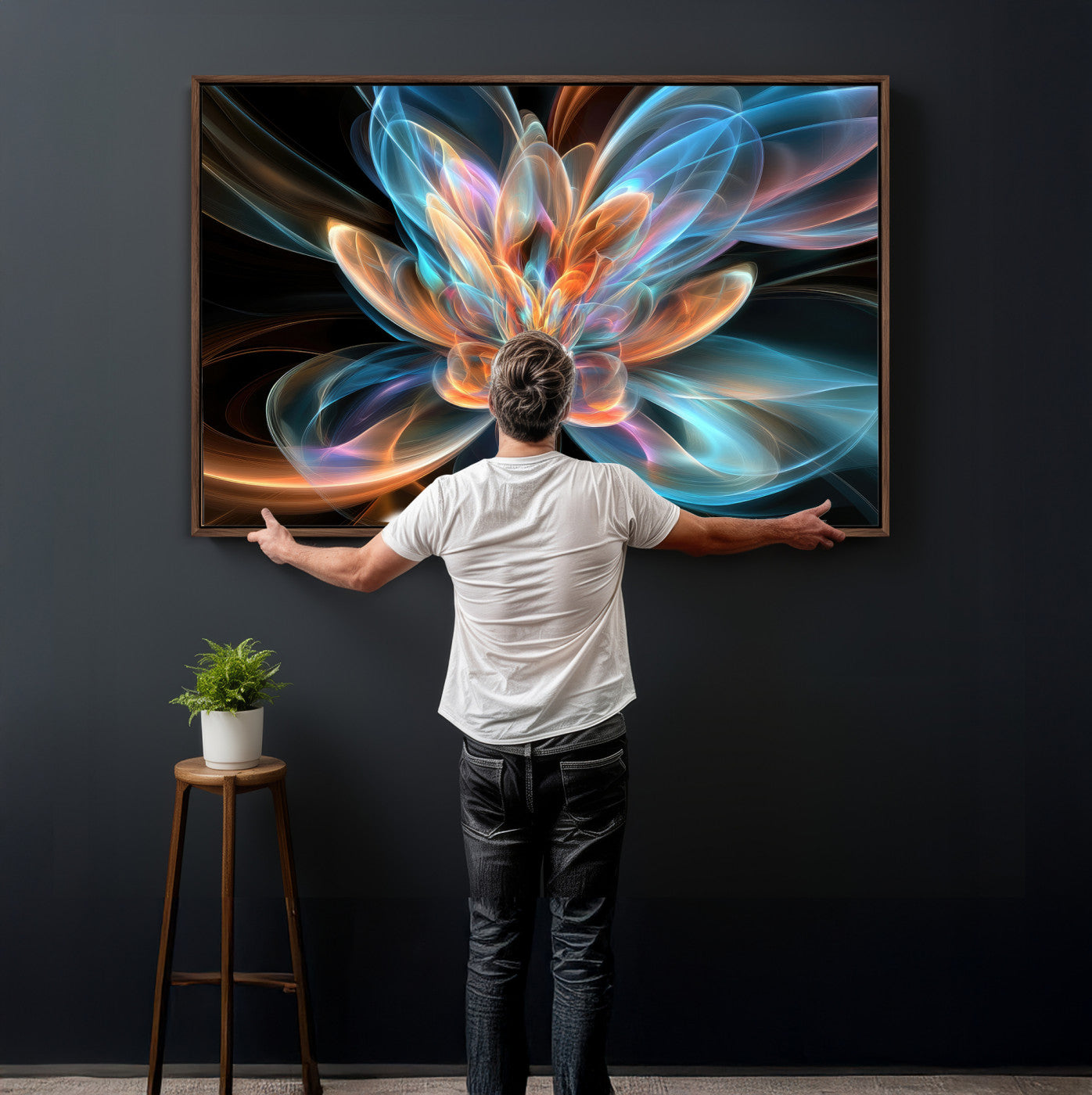 91902283-MGV-CV-36X24 - Fractal Lotus Canvas Wall Art, Blue Orange Glowing Flower Abstract Print, Modern Zen Meditation Room Decor, Ethereal Digital Art, Living Room