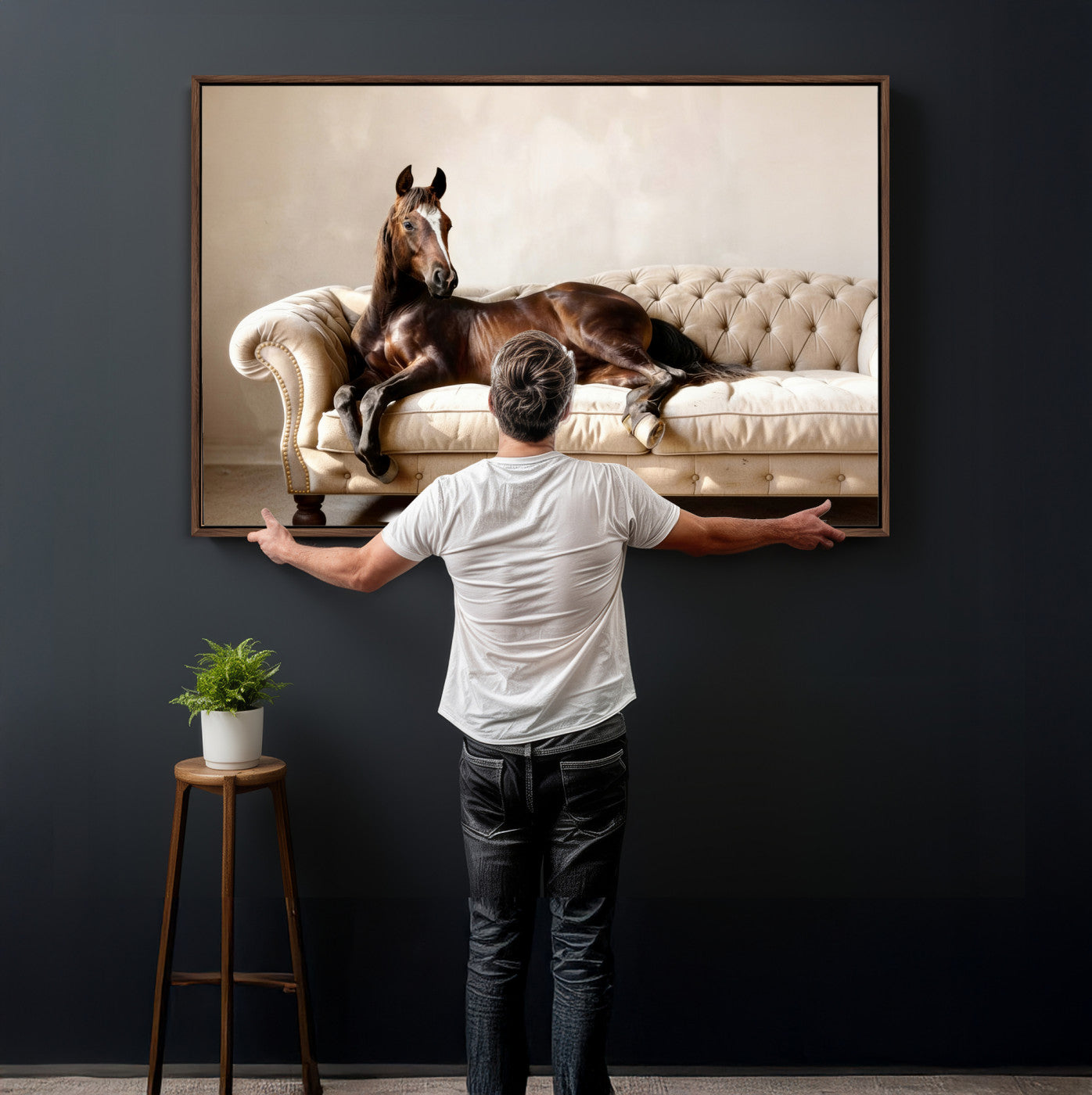 17716841-MGV-CV-36X24 - Funny Horse on Sofa Canvas Wall Art, Quirky Horse Lounging Photo Print, Whimsical Animal Decor, Living Room Conversation Art, Horse Lover Gift