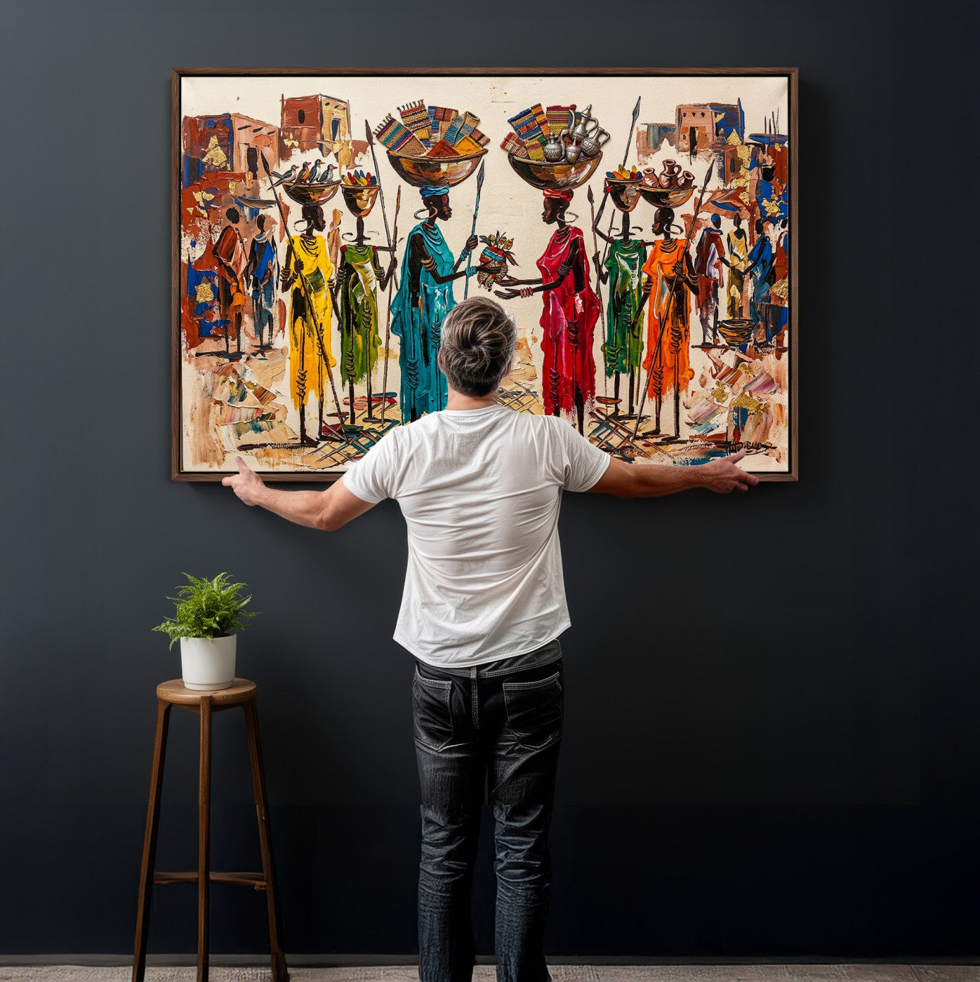 54818657-MGV-CV-36X24 - African Folk Art Canvas Wall Art, Colorful African Women Village Painting Print, Tribal Ethnic Home Decor, Vibrant African Art, Living Room