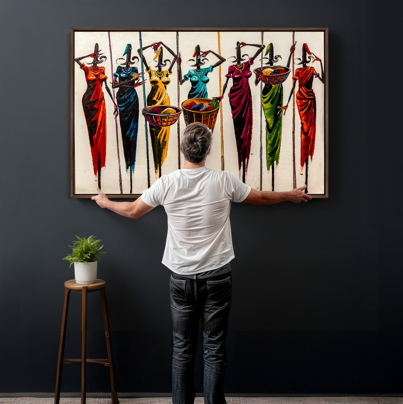 53545627-MGV-CV-36X24 - African Folk Art Canvas Wall Art, Colorful African Women Village Painting Print, Tribal Ethnic Home Decor, Vibrant African Art, Living Room