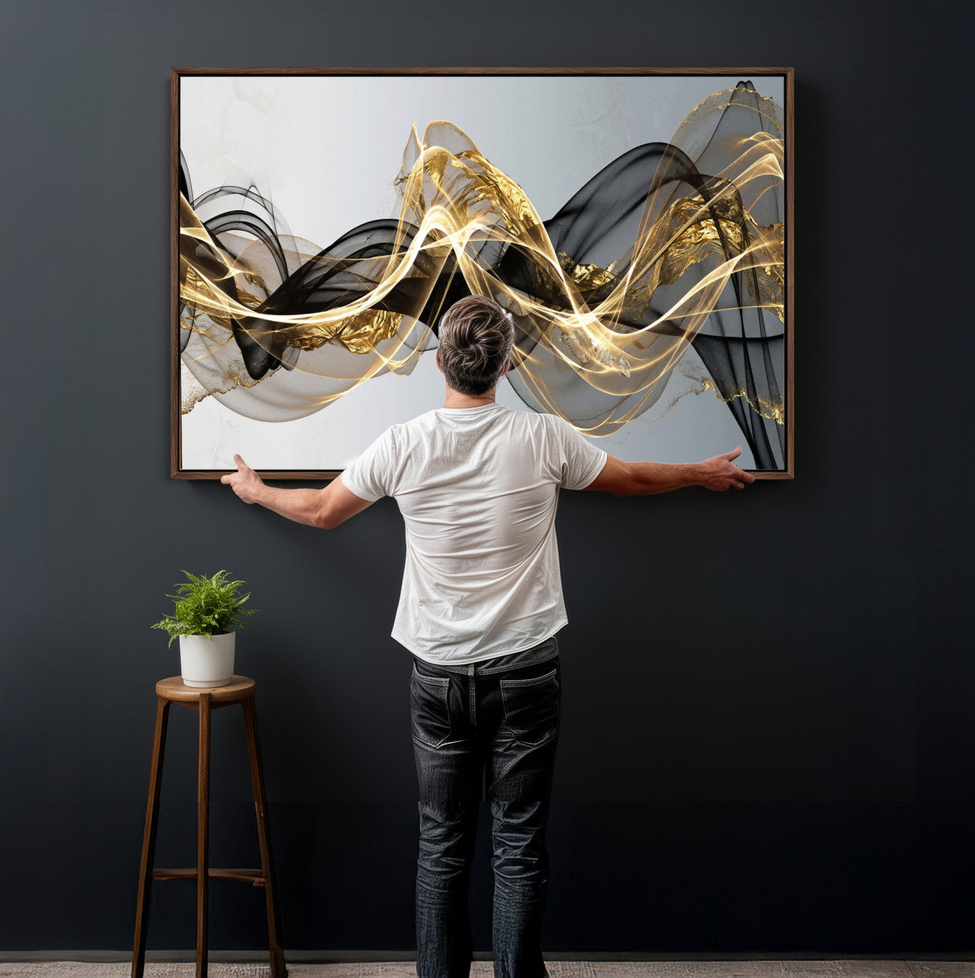79483321DL-MGV-CV-36X24 - Black and Gold Abstract Wall Art, Modern Wave Canvas Print, Elegant Flowing Smoke Art, Luxury Living Room Decor