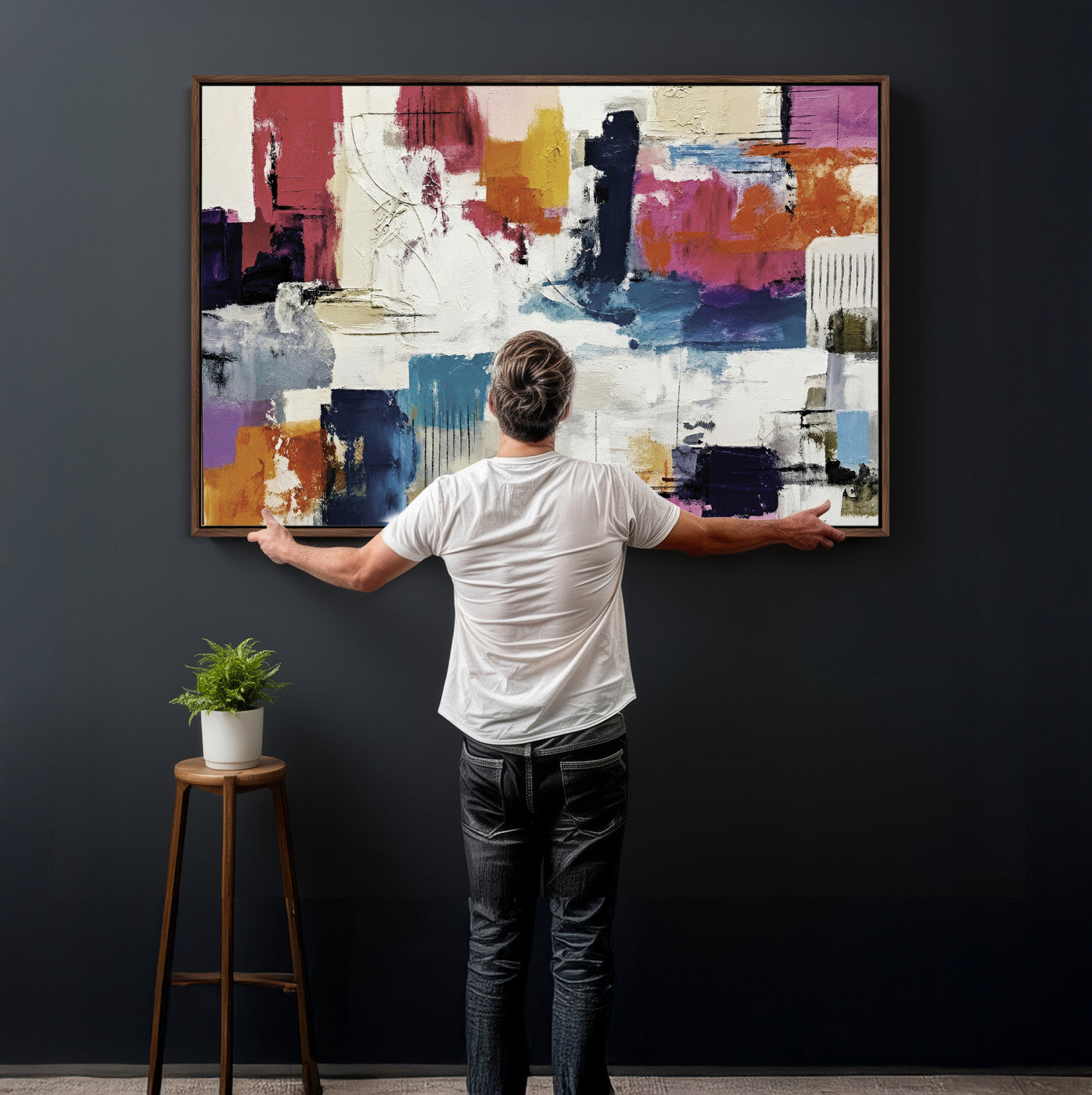 57864023-MGV-CV-36X24 - Blue Teal Abstract Canvas Wall Art, Modern Textured Painting Print, Navy Orange White Contemporary Art, Neutral Living Room Decor, Office Art