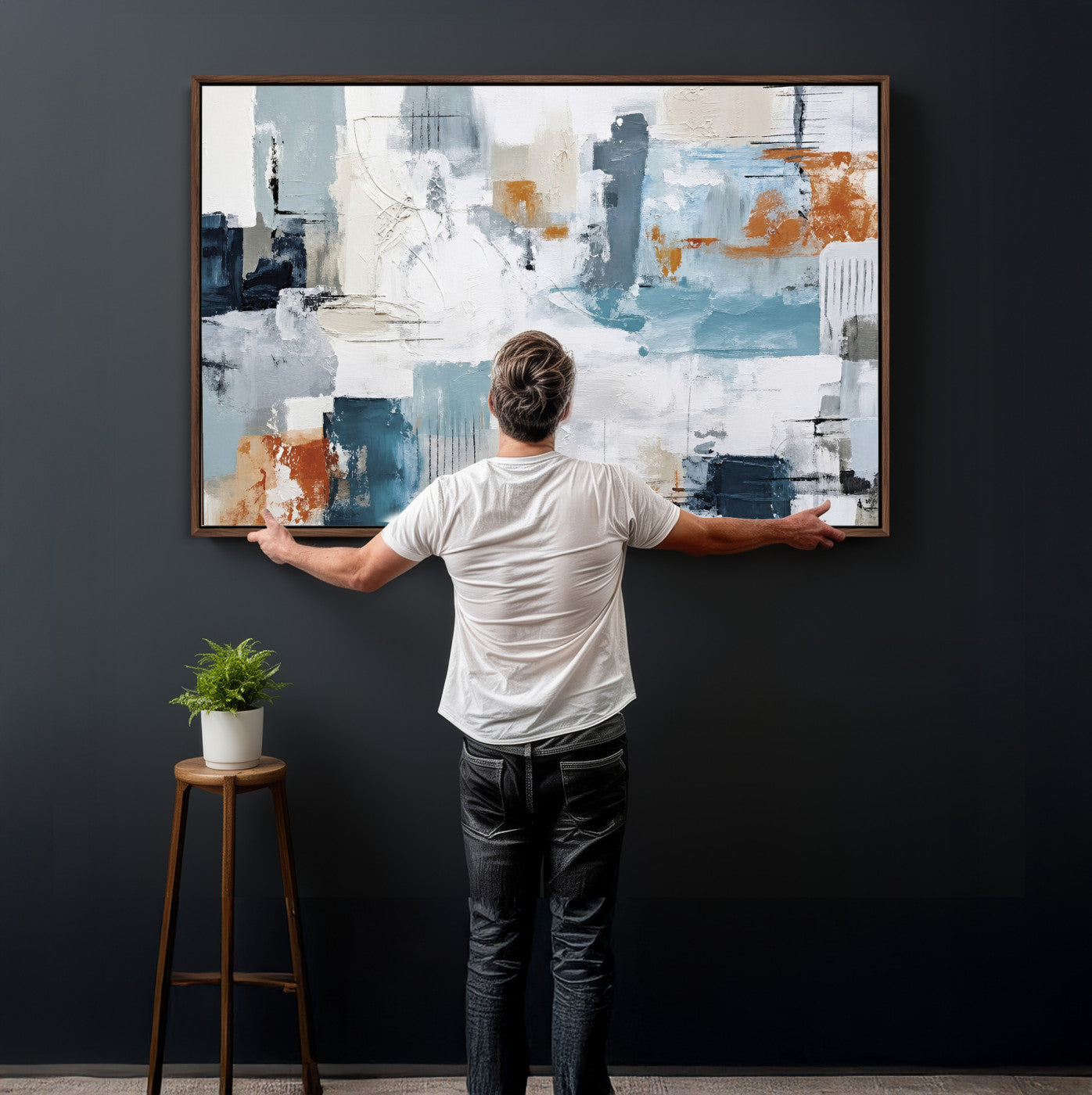 98638479-MGV-CV-36X24 - Blue Teal Abstract Canvas Wall Art, Modern Textured Painting Print, Navy Orange White Contemporary Art, Neutral Living Room Decor, Office Art