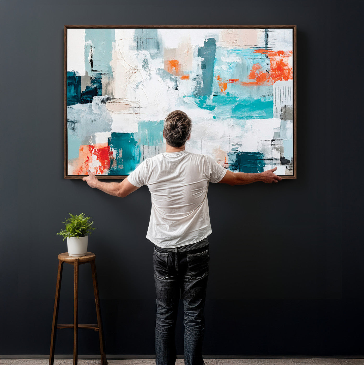 98638479-MGV-CV-36X24 - Blue Teal Abstract Canvas Wall Art | Modern Textured Painting Print, Navy Orange White Contemporary Art, Neutral Living Room Decor, Office Art