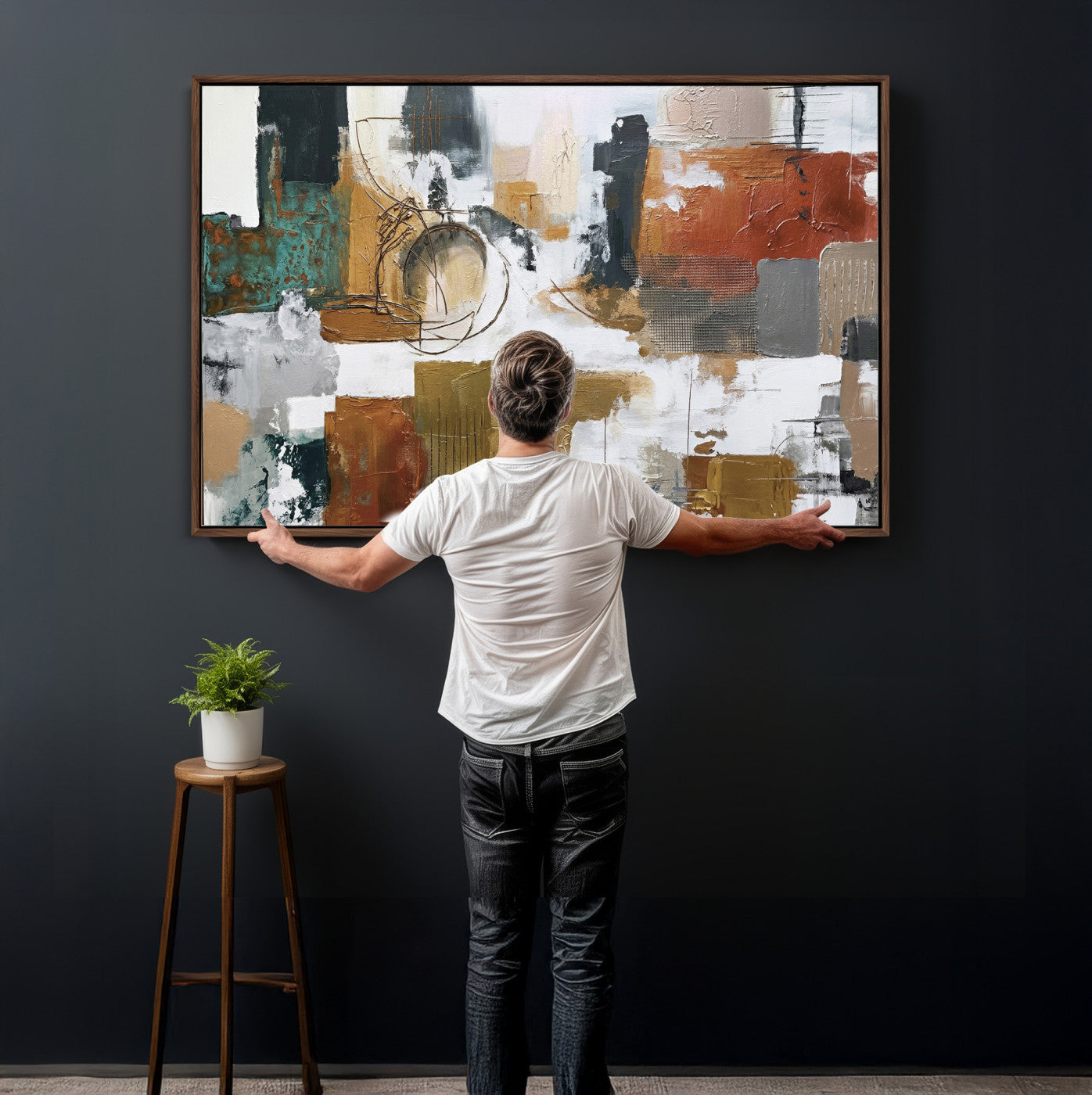 50720312-MGV-CV-36X24 - Blue Teal Abstract Canvas Wall Art, Modern Textured Painting Print, Navy Orange White Contemporary Art, Neutral Living Room Decor, Office Art