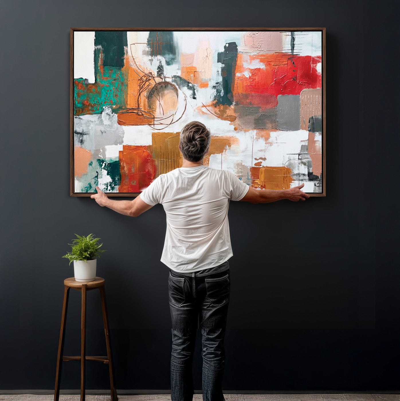 50720312-MGV-CV-36X24 - Blue Teal Abstract Canvas Wall Art | Modern Textured Painting Print, Navy Orange White Contemporary Art, Neutral Living Room Decor, Office Art.