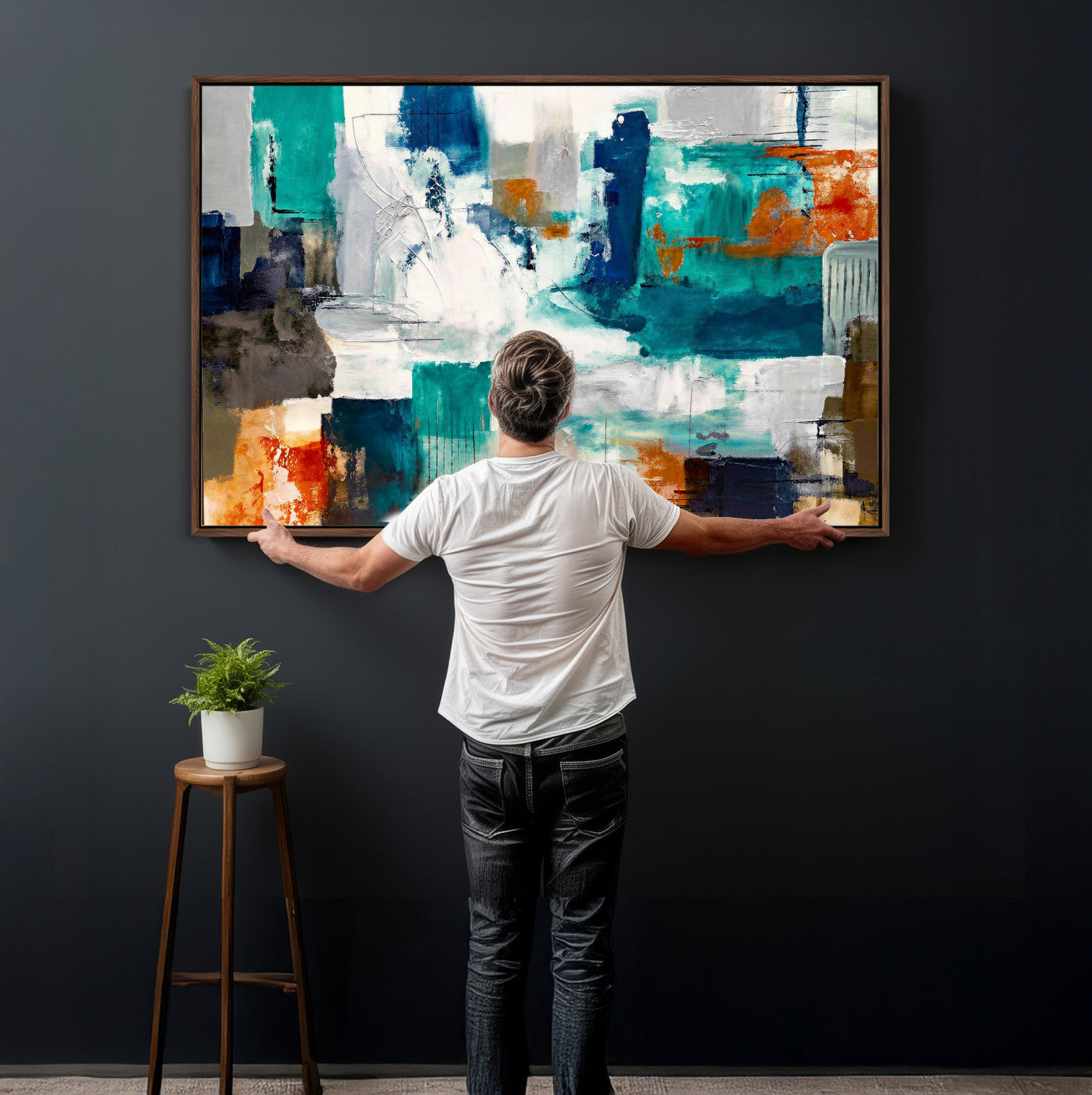 44038089-MGV-CV-36X24 - Blue Teal Abstract Canvas Wall Art, Modern Textured Painting Print, Navy Orange White Contemporary Art, Neutral Living Room Decor, Office Art