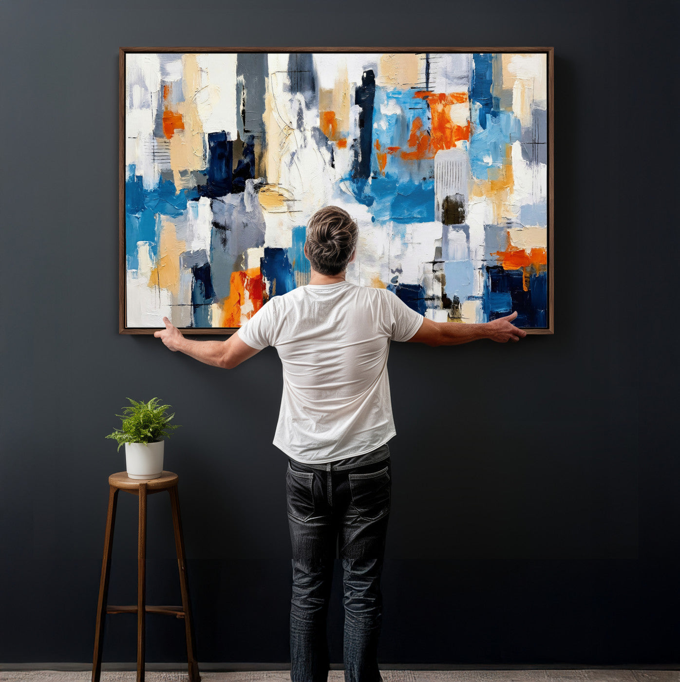 83915061-MGV-CV-36X24 - Blue Teal Abstract Canvas Wall Art, Modern Textured Painting Print, Navy Orange White Contemporary Art, Neutral Living Room Decor, Office Art