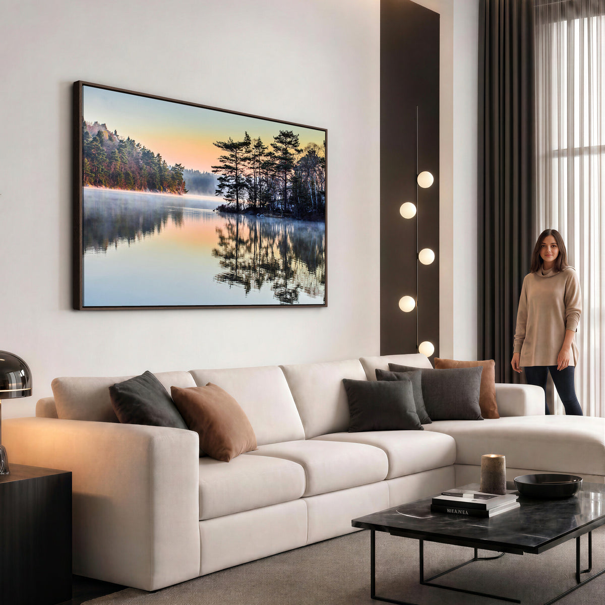 34236027-MGV-CV-36X24 - Before People Wake Canvas Wall Art Print, Misty Lake Sunrise Landscape, Forest Reflection Nature Decor, Ready to Hang
