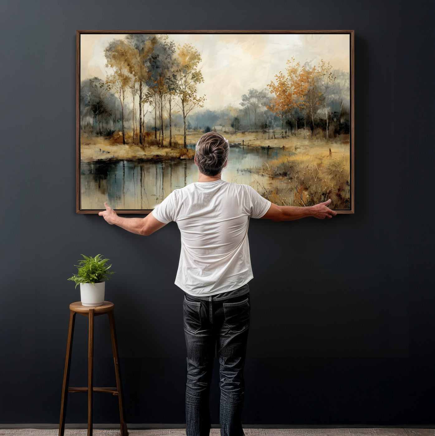 74391095-MGV-CV-36X24 - Abstract WatercolorAutumn Lake Canvas Wall Art Print, Misty Forest Landscape, Rustic Nature Painting, Cabin Wall Decor, Ready to Hang