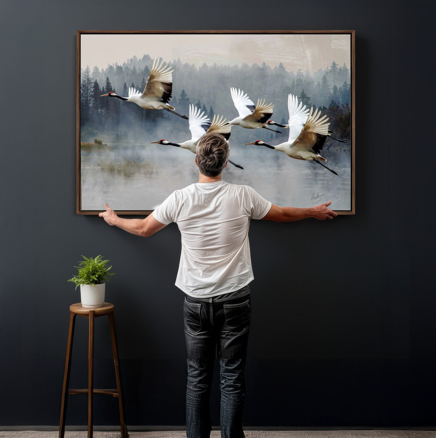 24356826-MGV-CV-36X24 - Flying Crane Canvas Wall Art Print, White Crane Bird Artwork, Wildlife Nature Decor, Lake Landscape Canvas - Ready to Hang