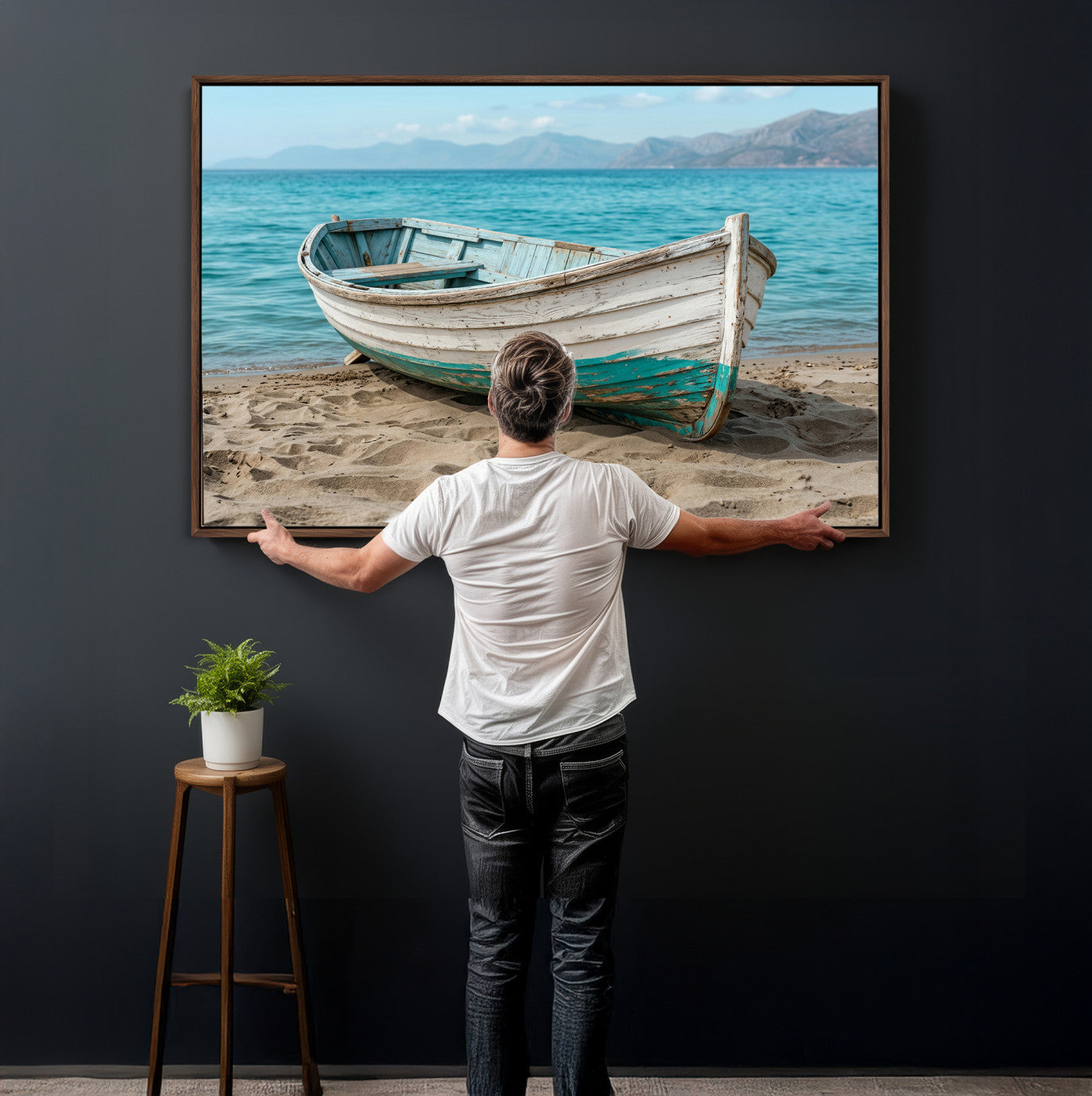 49963709-MGV-CV-36X24 - Coastal Boat Canvas Wall Art Print, Beach Boat Painting, Nautical Ocean Decor, Seascape Wall Art - Ready to Hang
