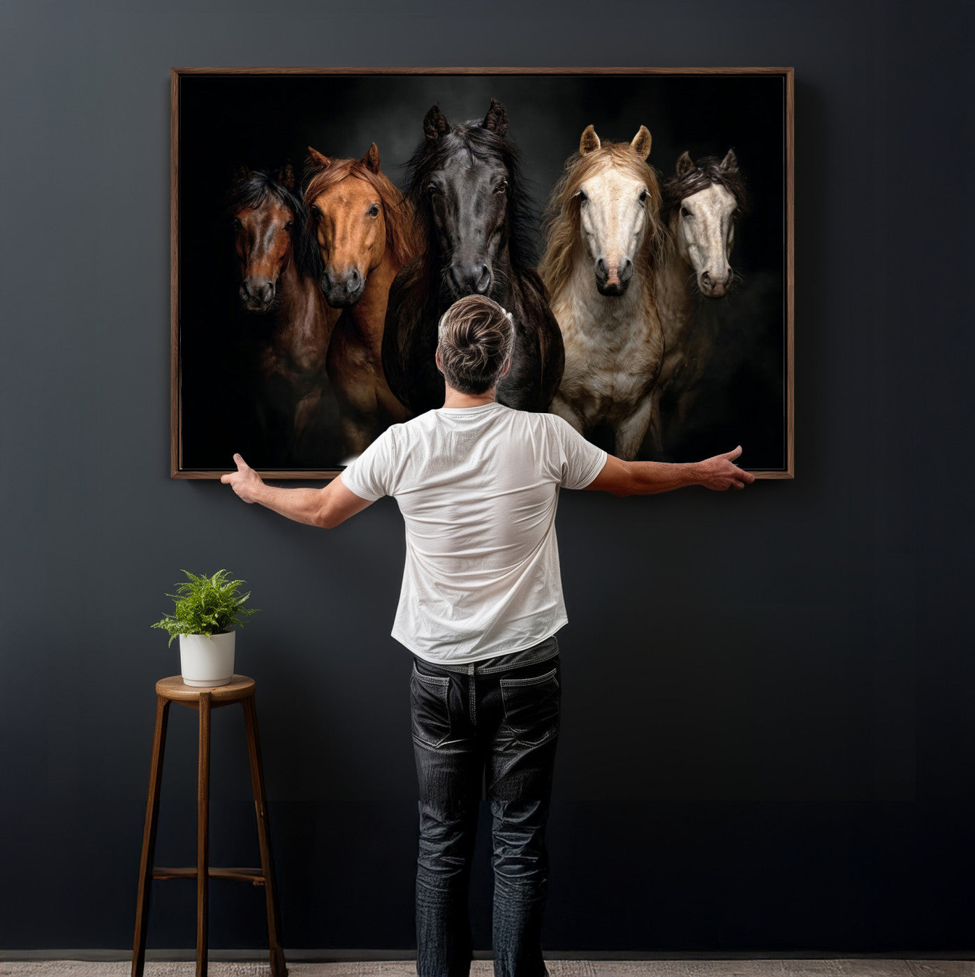 77696206-MGV-CV-36X24 - Horse Wall Art Canvas Print | Wild Horses Portrait Photography, Animal Horse Decor, Black Brown White Horse Herd