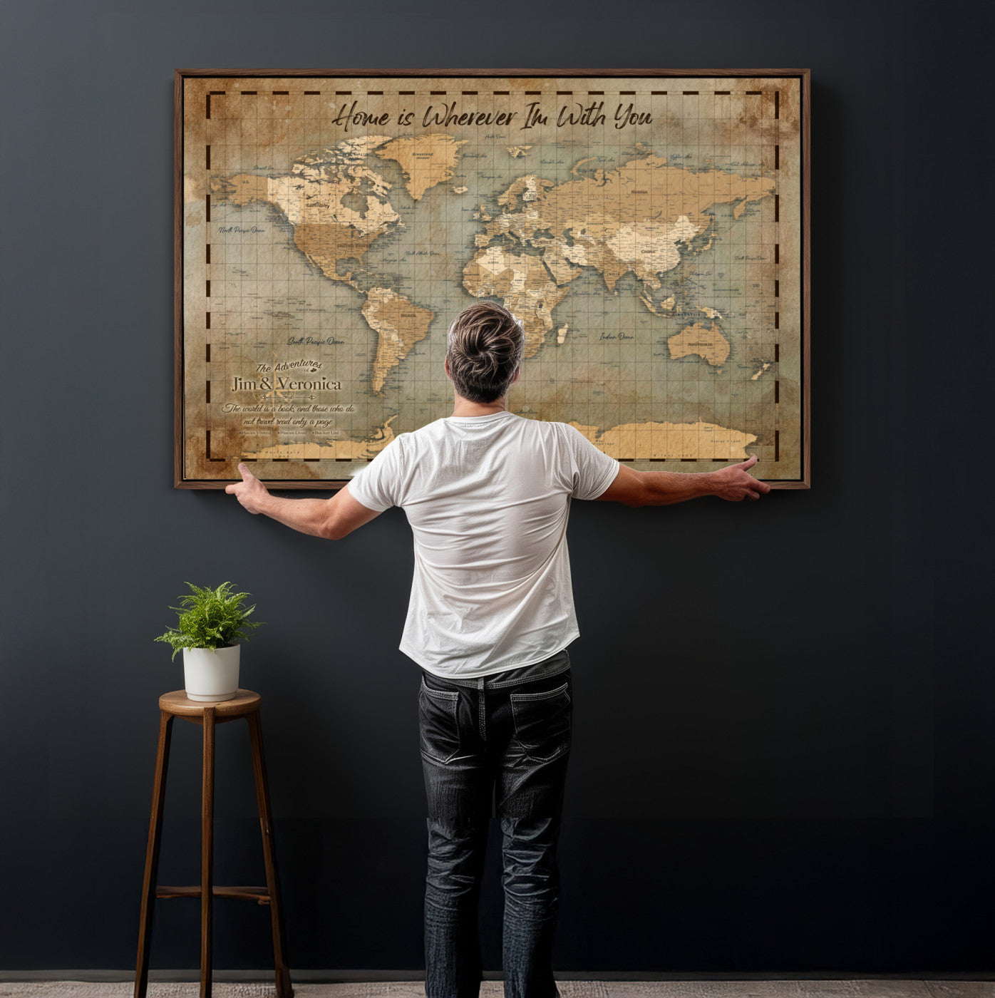 97123877-MGV-CV-36X24 - Vintage Custom Push Pin World Map Print | Vintage Travel Map Canvas, Personalized Names Anniversary Gift, Places Visited Pin Board