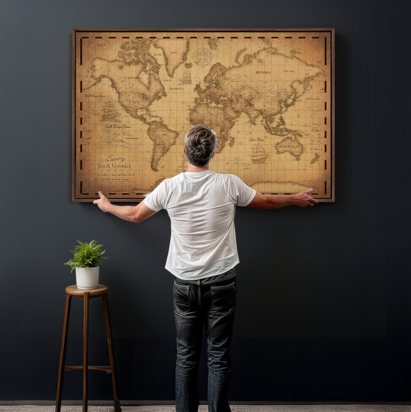 55328610-MGV-CV-36X24 - Personalize Push Pin World Map Wall Art Print | Vintage Travel Map Canvas, Custom Names Anniversary Gift, Places Visited Pin Board