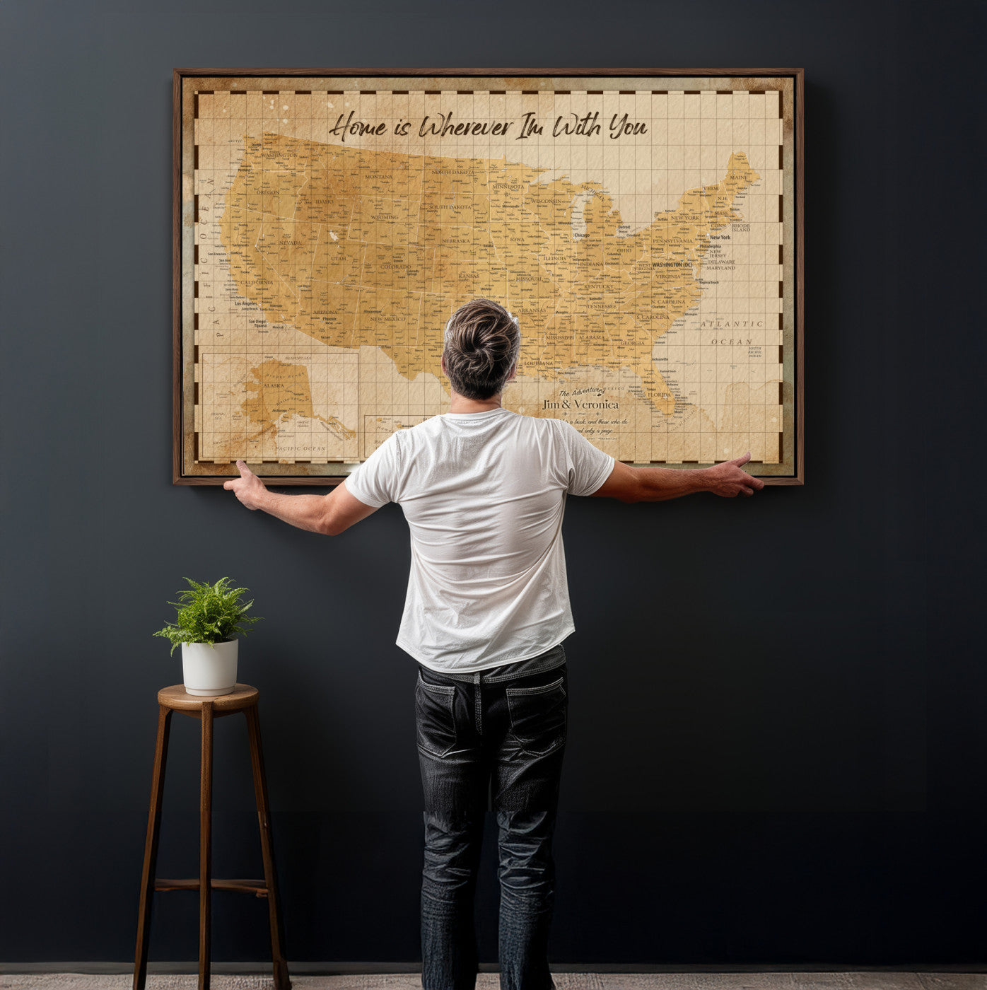 62164711-MGV-CV-36X24 - Personalized USA Push Pin Travel Map, Custom United States Map, Push Pin Map, USA Bucket List Map, Anniversary Gift - Couple Travel Map Wall Art