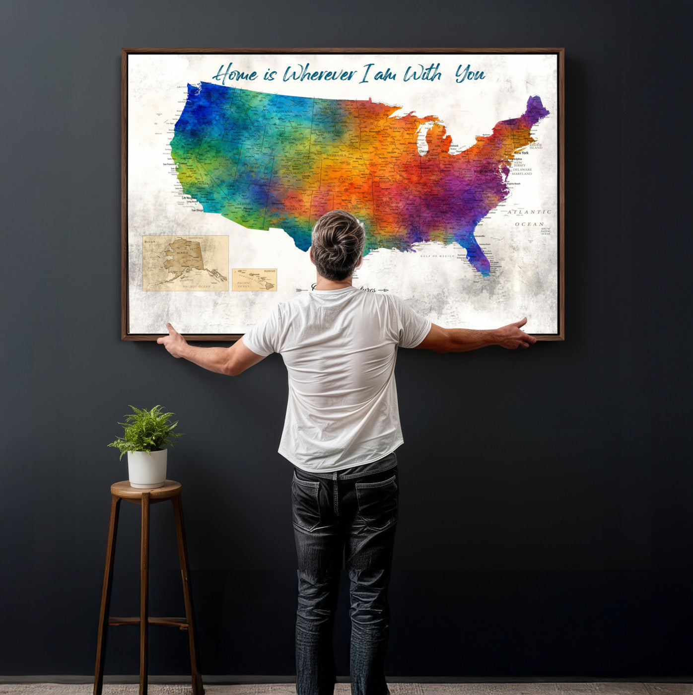 17251793-MGV-CV-36X24 - Watercolor USA Travel Map with Pins Colorful Modern Canvas Wall Art