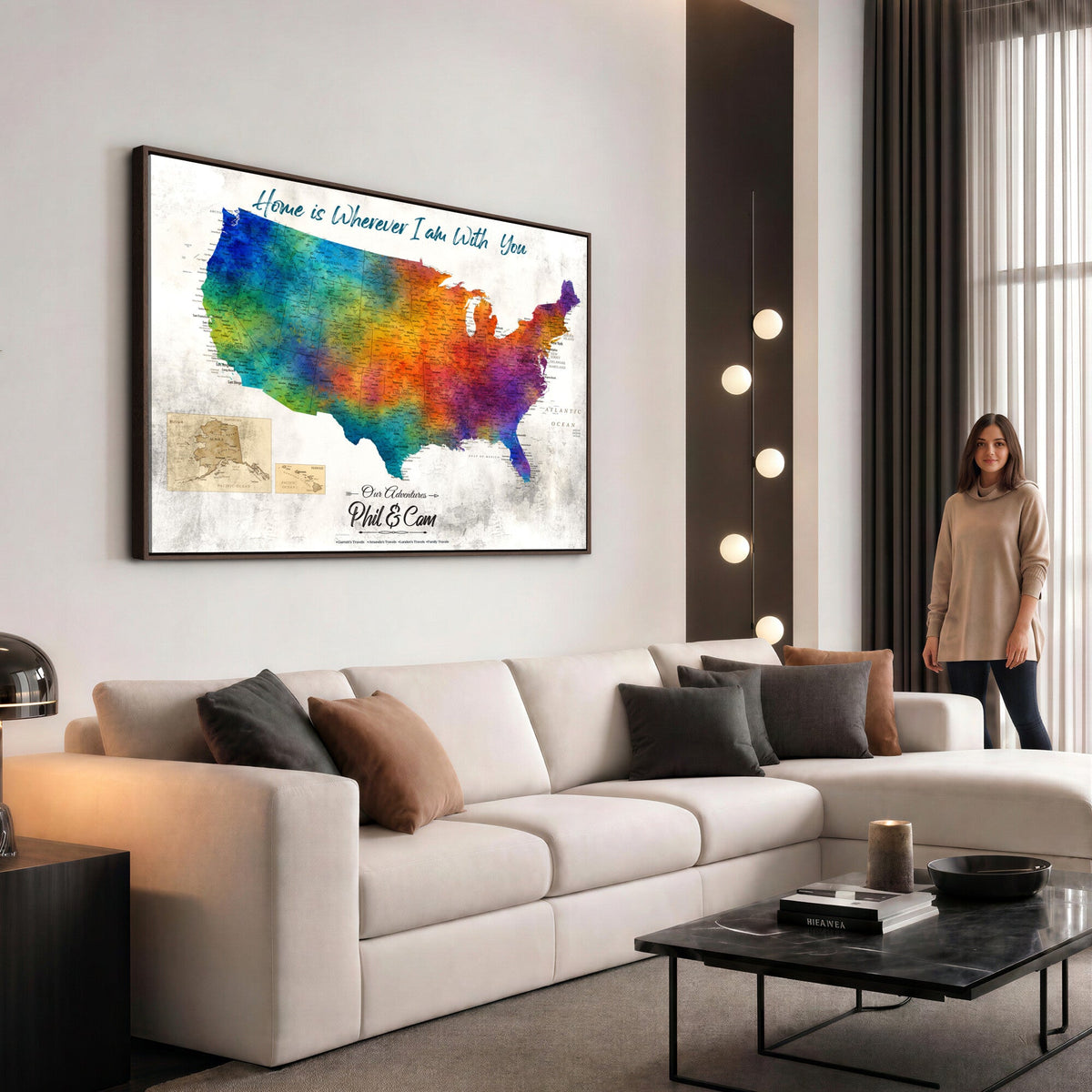 17251793-MGV-CV-36X24 - Watercolor USA Travel Map with Pins Colorful Modern Canvas Wall Art