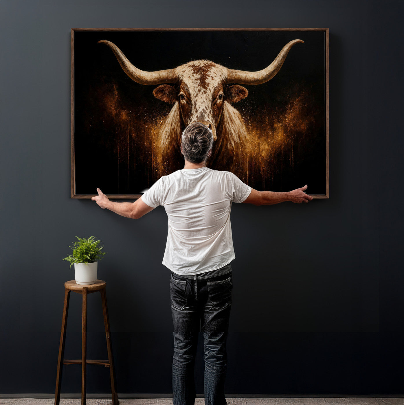 62076449-MGV-CV-36X24 - Texas Bull Cow Longhorn Canvas Wall Art Moody Western Bull Oil Painting Print