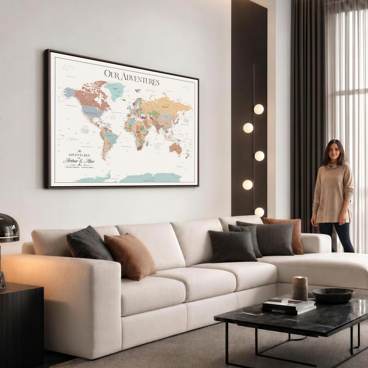 NEWMAP-4-MGV-CV-36X24 - Custom World Travel Map Wall Art with Pins, Places Visited Tracker, Family Room and Bedroom Decor