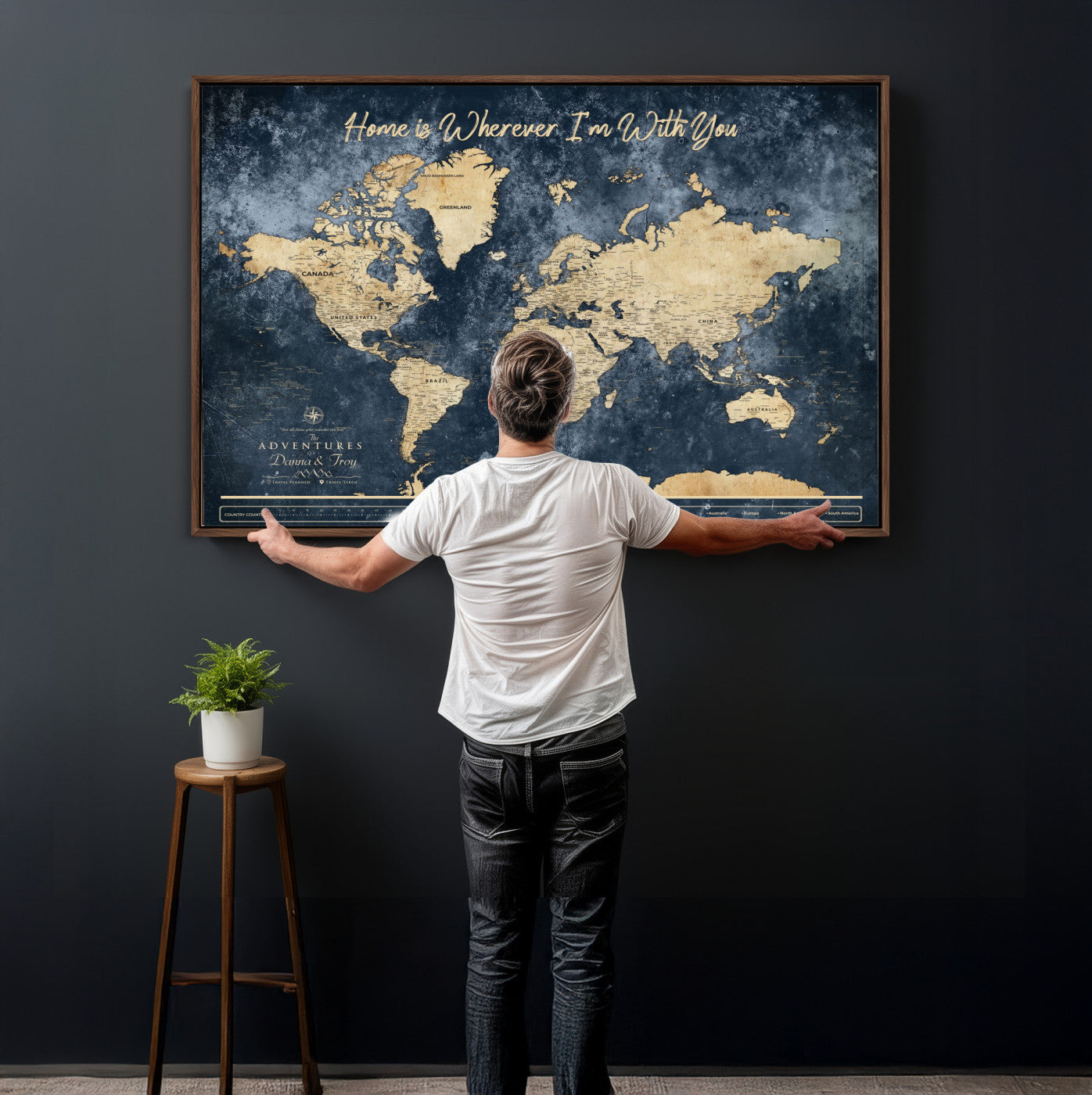 400867BL-MGV-CV-36X24 - Framed Blue Custom Push Pin World Map Canvas Print – Personalized Travel Map Wall Art