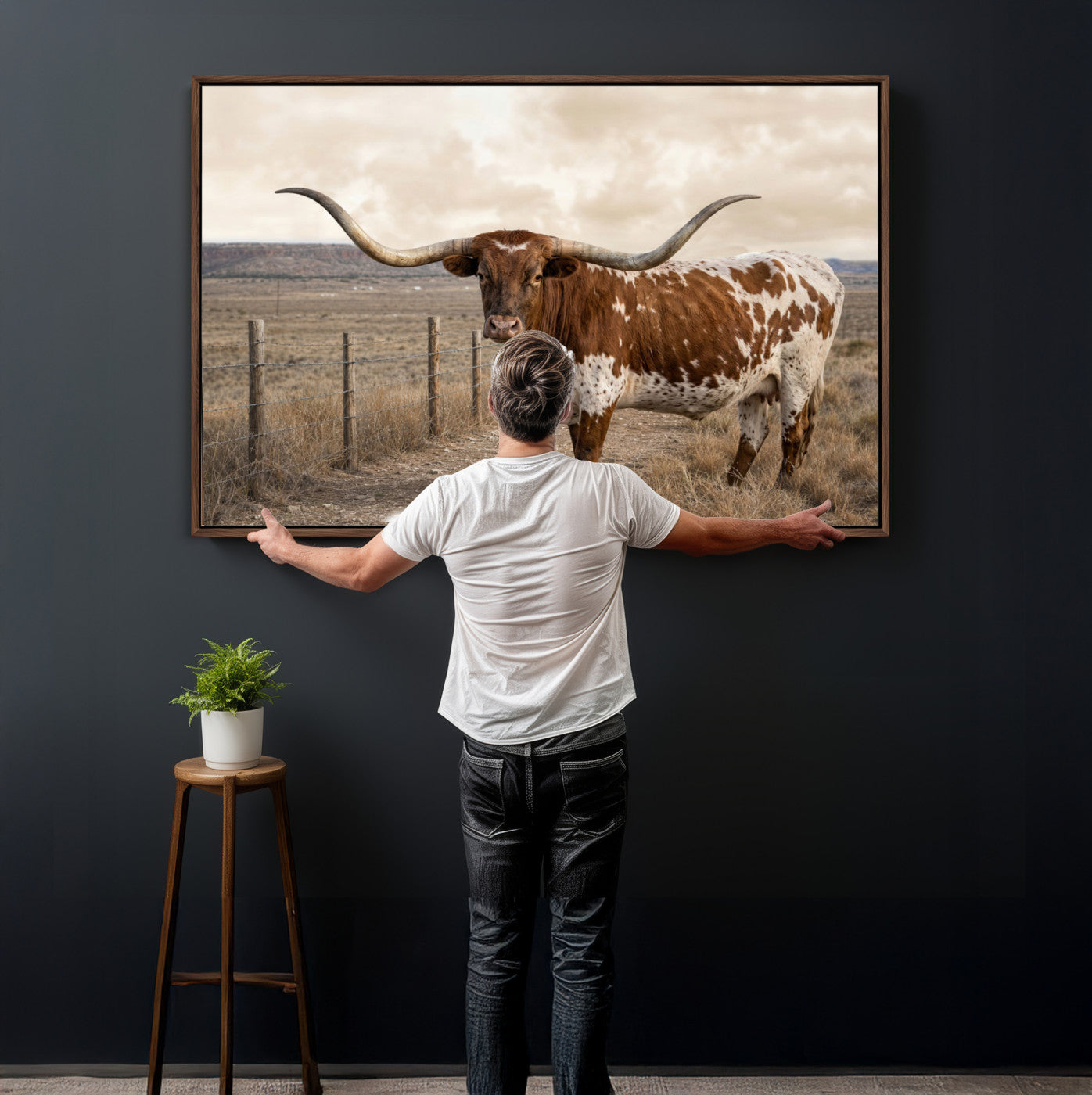 22808364-MGV-CV-36X24 - Texas Longhorn Cattle in Desert Pasture Wall Art Canvas Print - Rustic Western Decor